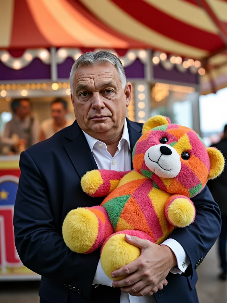 A chest-up shot of 61-year-old slightly overweight Viktor Orbán, standing at a carnival game booth, holding a giant, colorful stuffed teddy bear he just won. His face remains completely serious and composed, as if he’s just secured an important political victory. 