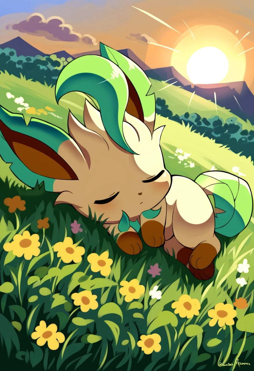 score_9, score_8_up, score_7_up, source_furry BREAK
L34F30N, long ears, brown eyes, tan body, dark brown paws, green body sprouts, green leafy ears, green leafy tail, brown nose, quadraped, brown inner ears, solo, chibi
lying, sleeping, asleep, closed eyes
background: flower field, wildflowers, rocks, mountain, sunset, evening, lens flare
dutch angle
 <lora:Leafeon:0.8>