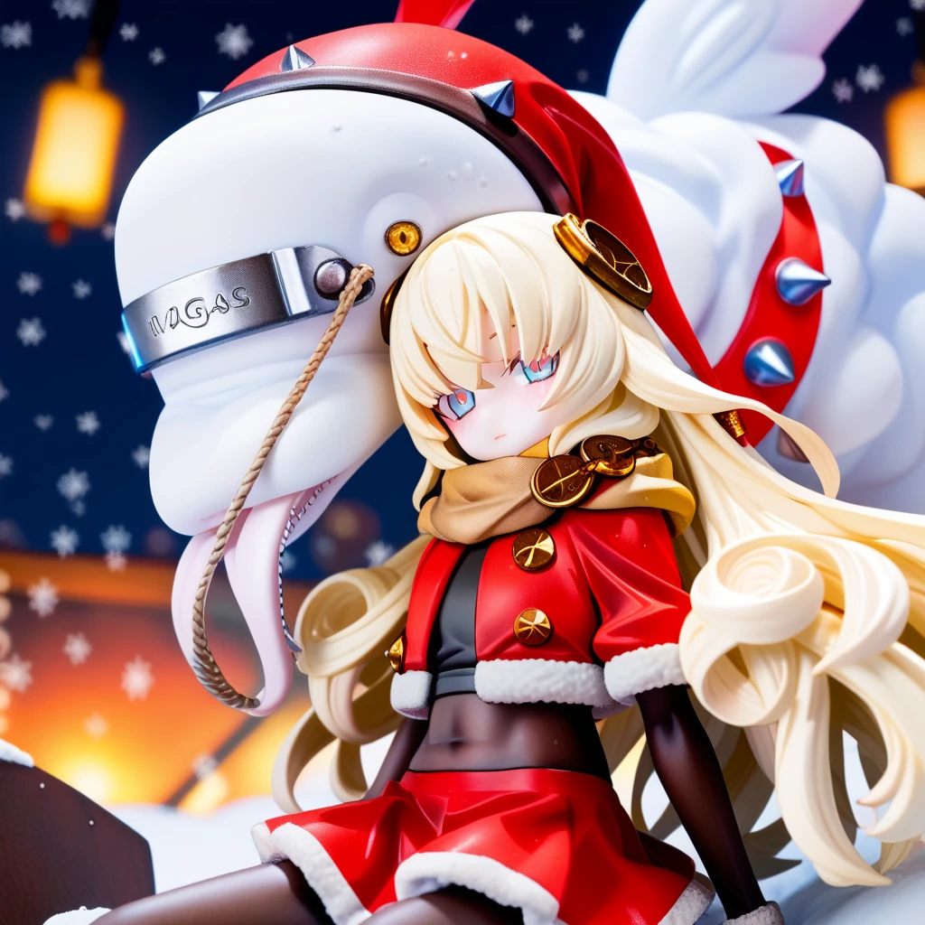 score_9, score_8_up, score_7_up, source anime, warg, 1girl, long hair, blonde hair, pantyhose, hat, scarf, gloves, santa costume, snow, solo, looking at viewer, snowing, christmas, elbow gloves, santa hat, black gloves, blush, black pantyhose, very long hair, collar, sitting, hair ornament, two tone eyes, red cropped jacket, red skirt, white dolphin, <lora:warg-xl-pony-v1-000005:1>,