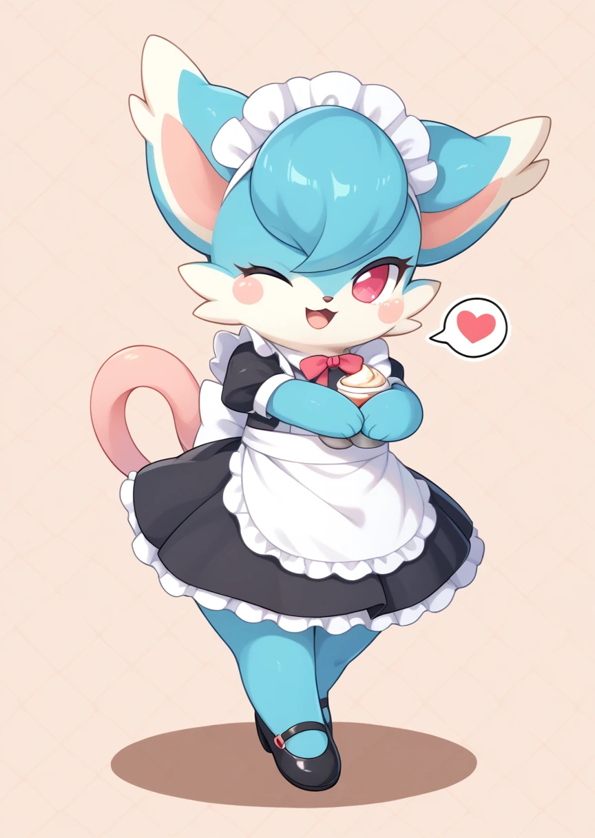 score_9, score_8_up, score_7_up, score_6_up, score_5_up, BREAK
Bibit, furry, furry female, solo, looking at viewer, open mouth, sweet smile, red eyes, full body, heart, cafe, detailed background, maid outfit, maid headdress, wink, one eye closed, , pink eyes, no humans, blush stickers, blue fur, heart tail, spoken heart, pink tail