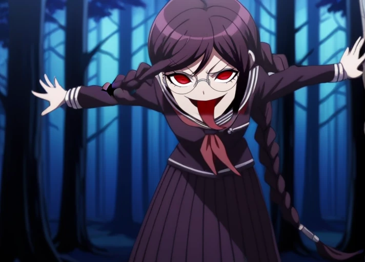 <lora:Toko_Fukawa_SDXL:1>,  This anime screencap is from Danganronpa the Animation.  Genocider Sho wearing her uniform from Danganronpa 1. Her uniform is purple with a lengthy skirt that extends past her knees. Her long dark purple hair is styled in two braids that extend past her waist. She has large round glasses over her red eyes. Her abnormally large tongue hangs out of her mouth. She is wearing white socks and brown loafers. Genocider Sho is enacting a donkey kick . Genocider Sho's expression is surprised expression . Genocider Sho is interacting with  a person explores the forest while looking at viewer, a haunted forest with a dark past, circular, aerial, Cetacean Blue hue, highly dramatic lighting