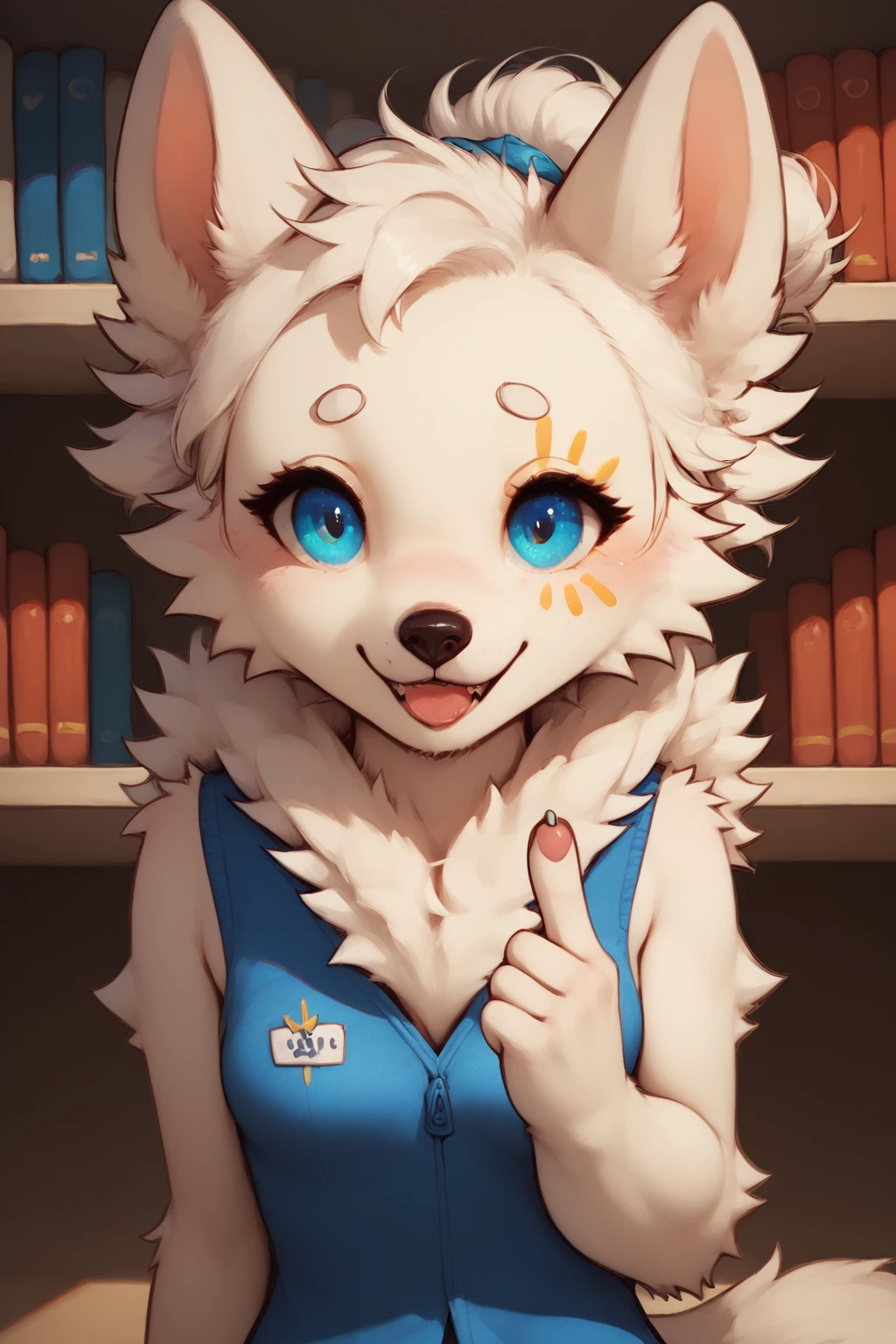 <lora:Walmutt_By_Typh___Character:1>, wa1mutt, 1typh, dog, mutt, white fur, blue eyes, left eye marking, yellow marking, small breasts, white eyebrows, white hair, score_9, score_8_up, score_7_up, perfect eyes, perfect face, perfect fur, perfect body, good anatomy, <lora:Furry_Novel_AI_Pony:0.8>, furry, anthro, novel ai, realistic fur, realistic detail, best quality, very aesthetic, clear, close up, perfect eyes, perfect face, perfect body, perfect fur, small body, smaller female, <lora:Bing-based_FurScale_Enhancer:0.3>, (((school uniform))), library, fullbody, side view, looking at viewer, closed mouth, finger pointing out mouth, smile, <lora:add-detail-xl:1>,