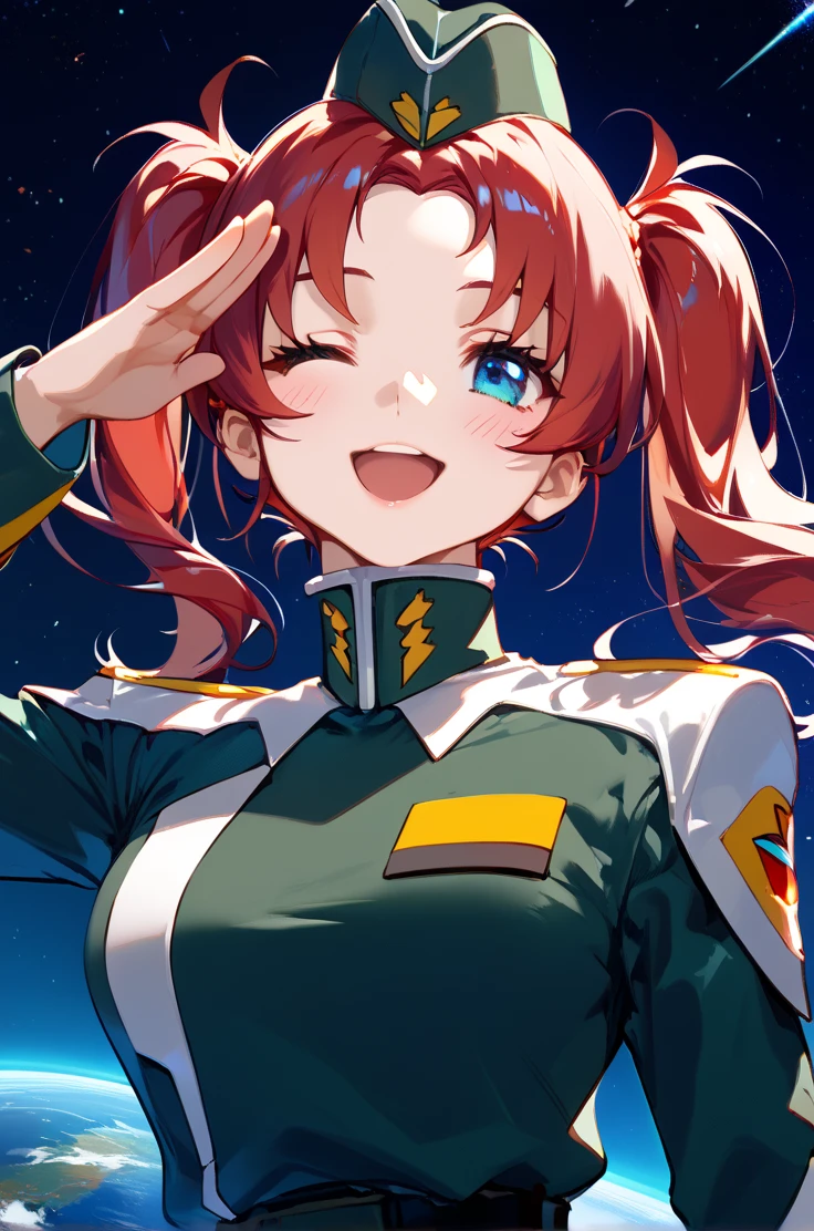 score_9, score_8_up, score_7_up, source_anime, detailed,
space, sci-fi environments, space ship, indoor,
cowboy shot, upper body, face close up,
salute,
medium breasts,
blush, wink, open smile,
<lora:meyrin_autismConfetti_v02:1>
red hair, blue eyes, green military uniform, twintails, parted bangs, sidelocks, long sleeves, meyrinbase, garrison cap, zPDXL