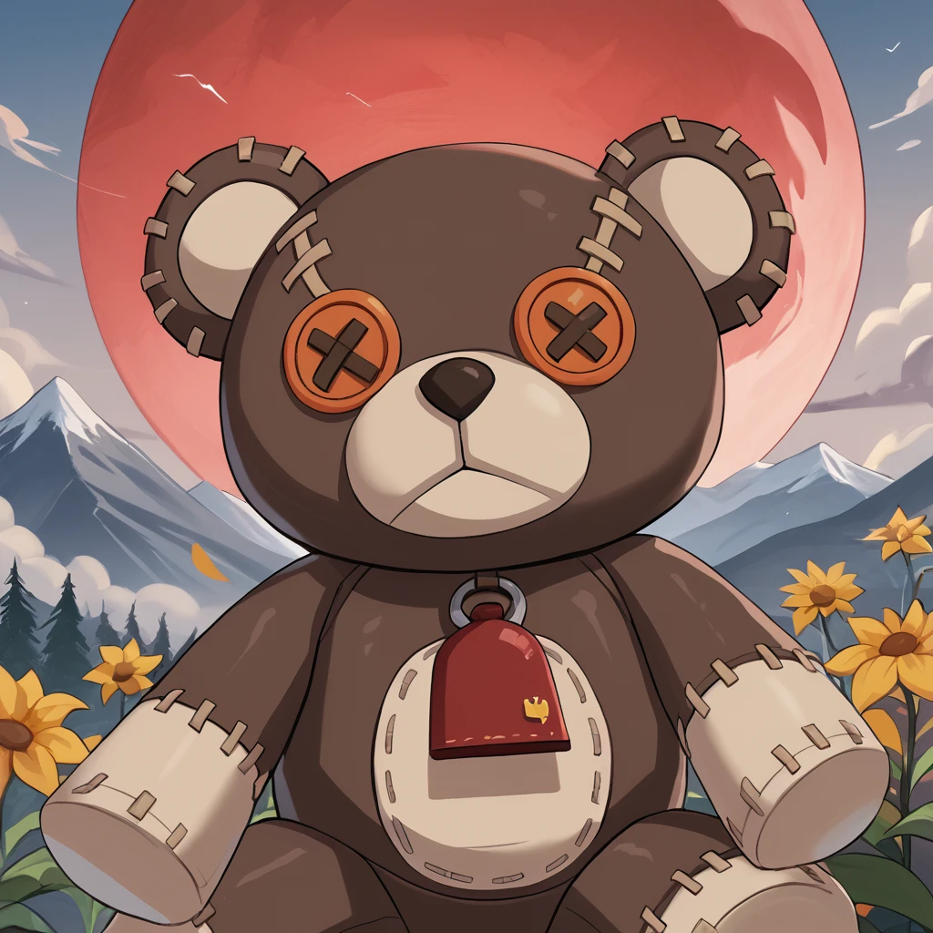 (score_9, score_8_up, score_7_up),source_anime, Gu1ltyG3arStr1veR0g3r, stuffed_toy, stuffed_animal, teddy_bear, stitches, x_x, button_eyes, nature, mountains, tyndall effect, sunset glow, floating ashes,beautiful, detailed, red moon,fire cloud, cloudy sky