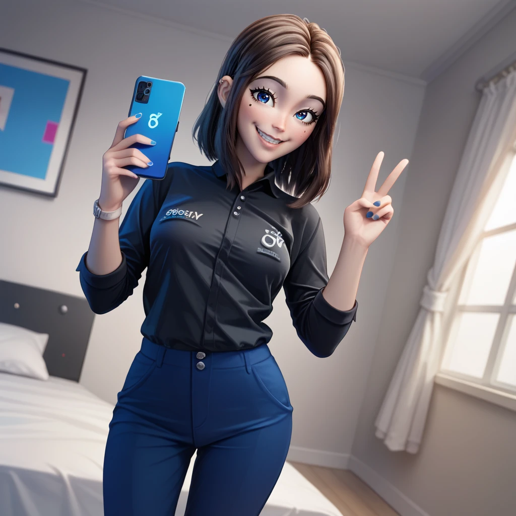 score_9, score_8_up, score_7_up, 1girl, solo, uncensored,  <lora:SamsungSamXL_v1.0:1> samsungsam, smile, taking picture, selfie, holding phone, peace sign, black shirt, blue pants, dutch angle, indoors, white room, modern, simple background