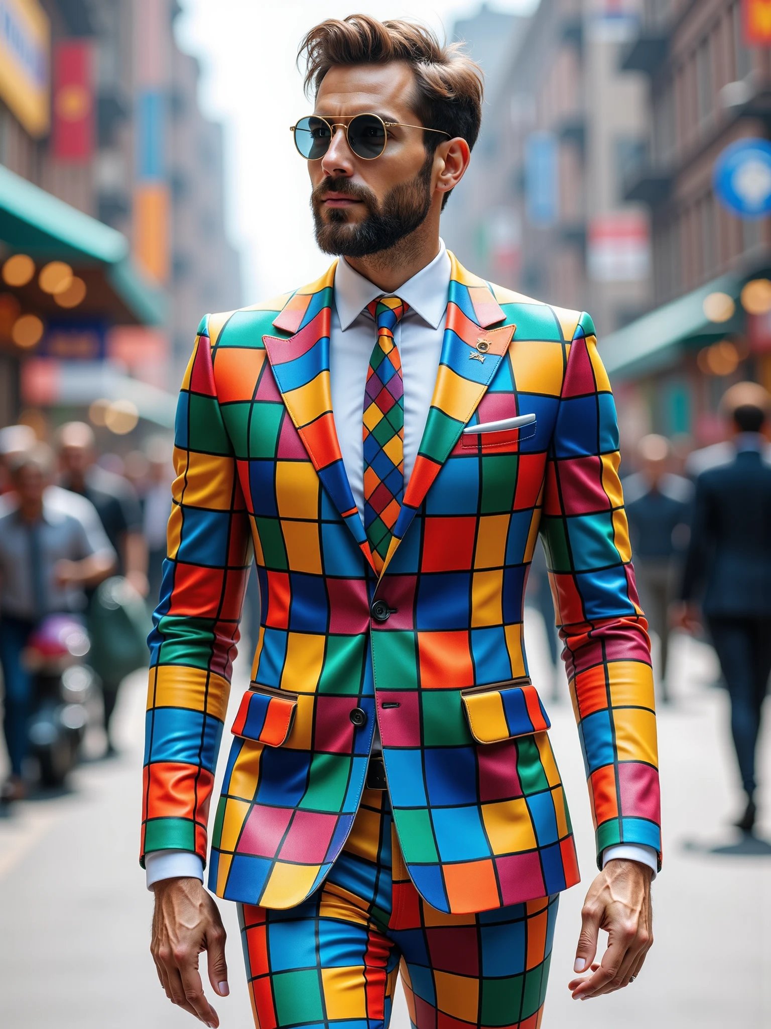 man wearing a mad-clrflchckr suit walking through city, dynamic_pose, from side, light smile, cinematic shot <lora:colorful-checker-flux:1>