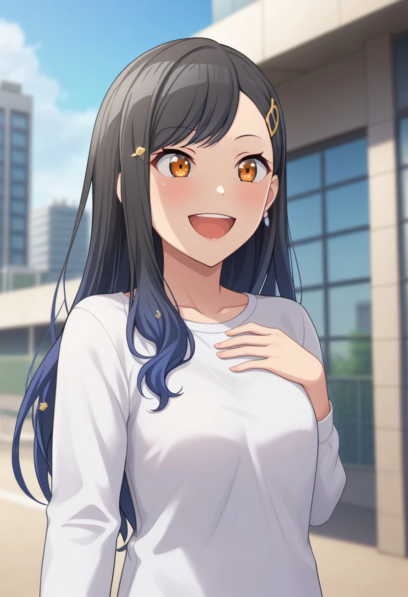 highres, best quality, masterpiece, 1girl, solo, shiraishi_an, blush, smile, open mouth, shirt, hair ornament, long sleeves, brown eyes, jewelry, collarbone, white shirt, upper body, :d, earrings, outdoors, teeth, day, hairclip, indoors, blurry, orange eyes, depth of field, blurry background, upper teeth only, hand on own chest, building