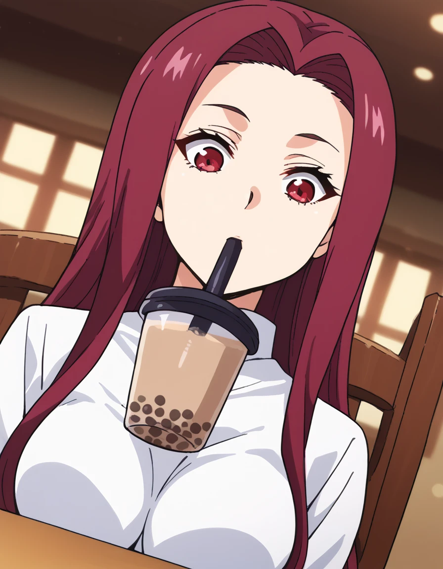 score_9, score_8_up, score_7_up, source_anime, <lora:ryouko-sakaki-s1-ponyxl-lora-nochekaiser:1>, ryouko sakaki,  long hair, red eyes, red hair, forehead, large breasts,, <lora:bubble-tea-challenge-ponyxl-lora-nochekaiser:1>, bubble tea challenge, bubble tea, object on breast, drinking straw, drinking straw in mouth, drinking, cup,, indoors, sitting, looking down, , cowboy shot, dutch angle