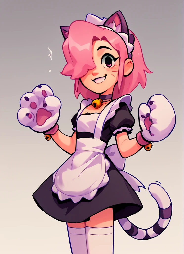 score_9, score_8_up, score_7_up  , <lora:pawlette:1> 1girl, human , pawlette ,animal ears, cat tail , pink hair,  hair over one eye, maid headdress,  bracelet  ,necklace,  neck bell,  maid,  short dress,  White Stockings , paw gloves,solo  ,   smile ,  <lora:SyrupyyyArt:1>syrupyyy