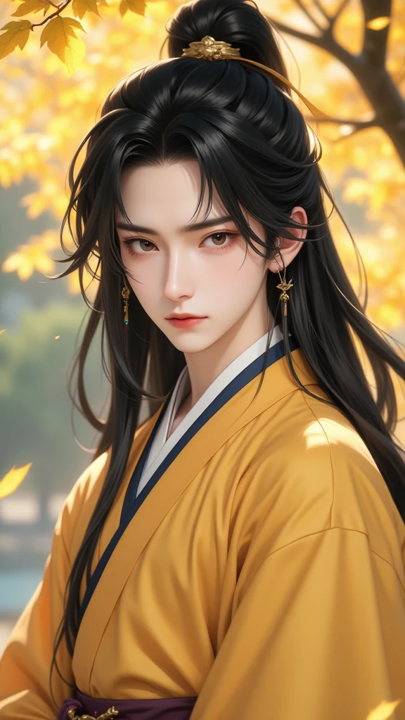 gufeng,1boy,full body,long hair,solo,jewelry,earrings,blurry background,upper body,black hair,blurry,autumn, yellow leaves,closed mouth,lips,facing viewer,ribbon,hanfu,tree,