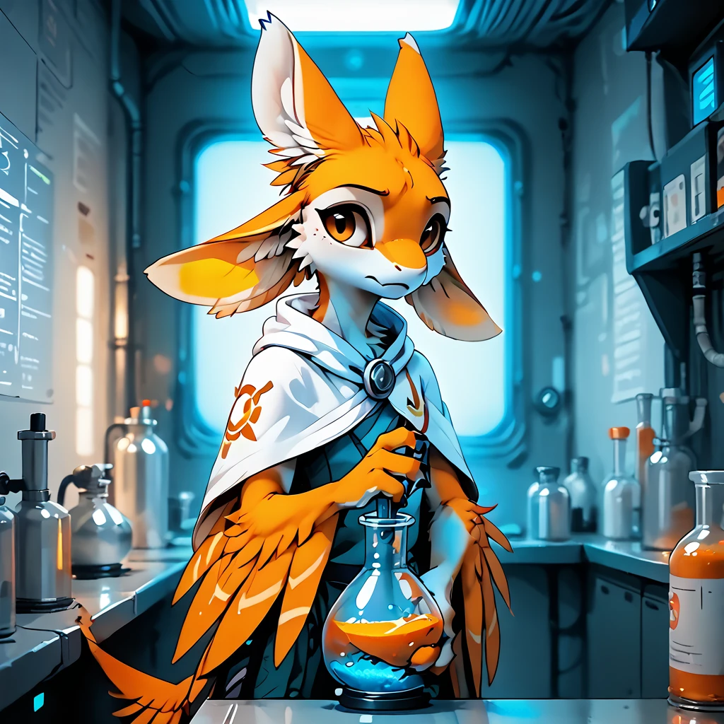 score_9, score_8_up, score_7_up, score_6_up, score_5_up, score_4_up, source_anime, <lora:Zavali_Pony_1:1> portrait of a female avali engineer in a white laboratory cloak and holding chemical flask, orange feathers with white countershading, orange fur, feathered arms, tail tuft, hands, claws, talons, three fingers on arms, flat chest. shallow depth of field, vignette, highly detailed, high budget Hollywood movie, bokeh, cinemascope, moody, epic, gorgeous, film grain, grainy