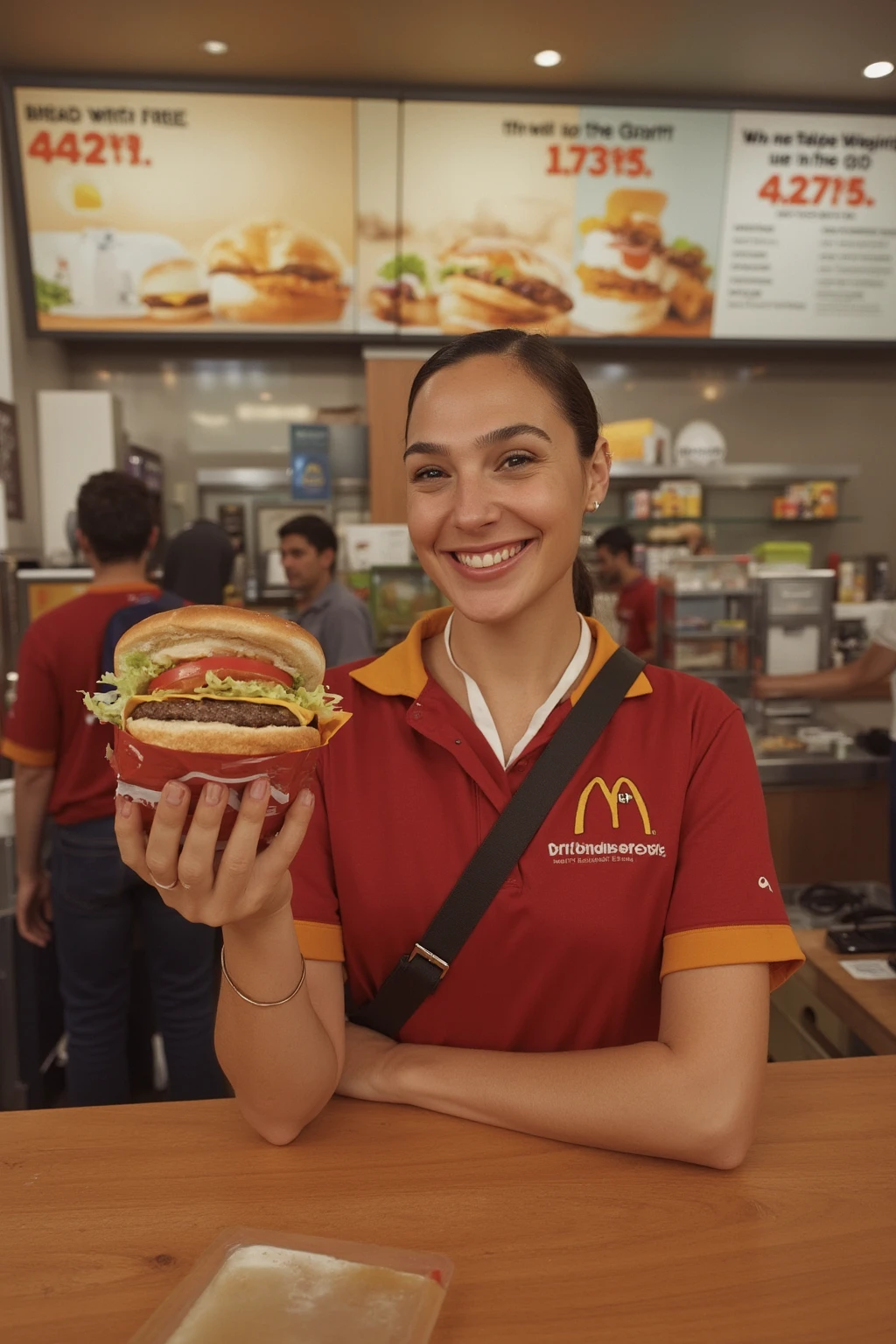 Instagram photo of young woman G41G4d0t working at McDonald's promoting a burger she’s holding. She’s dressed in a McDonald's uniform, standing behind the counter with a warm smile. The background features the familiar McDonald's decor, with menus displayed above and other fast-food items visible. The atmosphere is busy and energetic, with customers in the background. The burger she’s holding is prominently displayed, highlighting its fresh ingredients and delicious appeal.