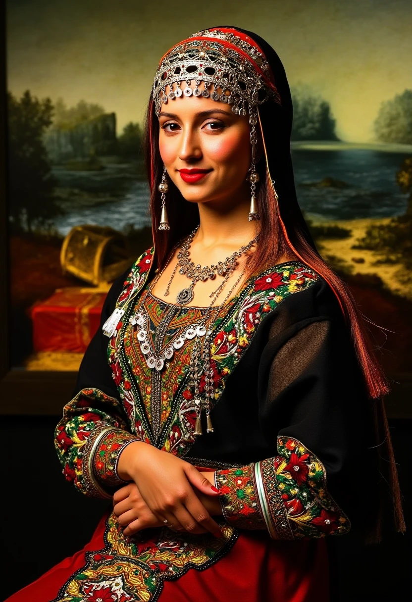 The Mona Lisa is now depicted wearing a traditional Moroccan kaftan with intricate embroidery and a colorful (Tasfift). ,Adrr-tsfft