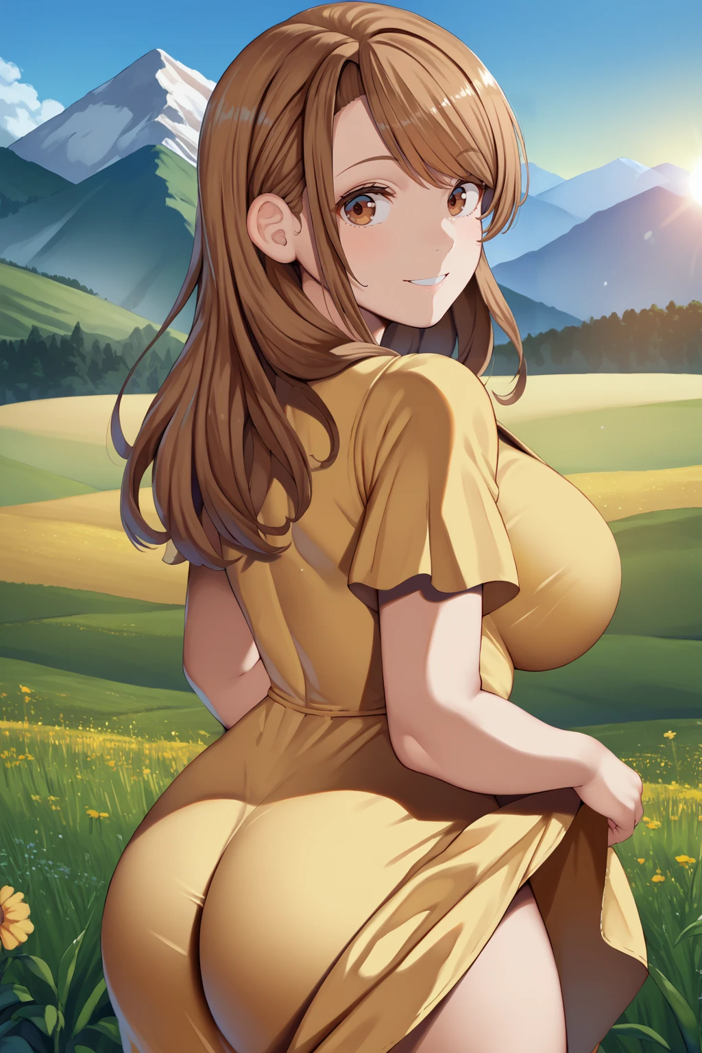 score_9, score_7_up, source_anime, from behind, cowboy shot, looking at viewer, smile, nrsbl, long hair, swept bangs, brown hair, brown eyes, large breasts, yellow sundress, dress lift, ass, outdoors, field, mountain, sunlight, <lora:Hoseki_BelkoBRNurse_PDXL_v1:1>