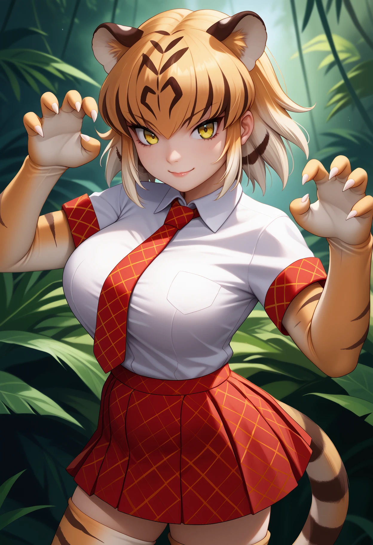 score_9, score_8_up, score_7_up, source_anime, <break> solo, 1girl, kft1ger, tiger tail, smile, looking at you, standing, claw pose, animal ears, extra ears, tiger print, white shirt, collared shirt, wing collar, red necktie, plaid necktie, short sleeves, print gloves, elbow gloves, red skirt, plaid skirt, pleated skirt, print thighhighs, large breasts, outdoors, jungle
<segment:yolo-face_yolov8m.pt,0.4,0.5//cid=1>