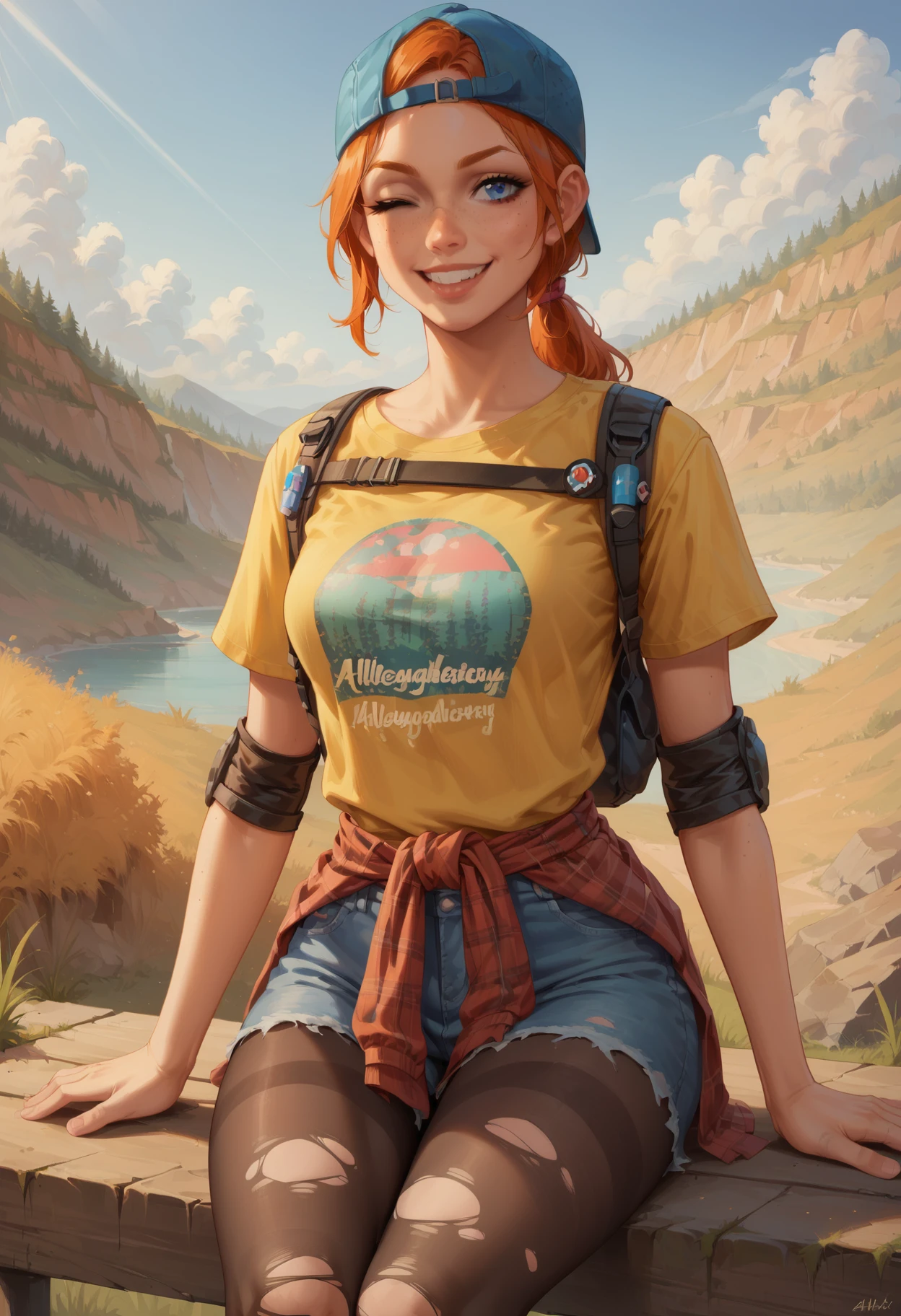 outdoors, post-apocalypse
<lora:holly-b4b:0.7> holly-b4b, orange hair, blue eyes, low ponytail, freckles
yellow shirt, short sleeves, hat, belt, torn pantyhose, backwards hat, elbow pads, clothes around waist, backpack
sitting, seductive, smile, one eye closed, zPDXL2, score_9, score_8_up, score_7_up, score_6_up, score_5_up, anime, anime style,