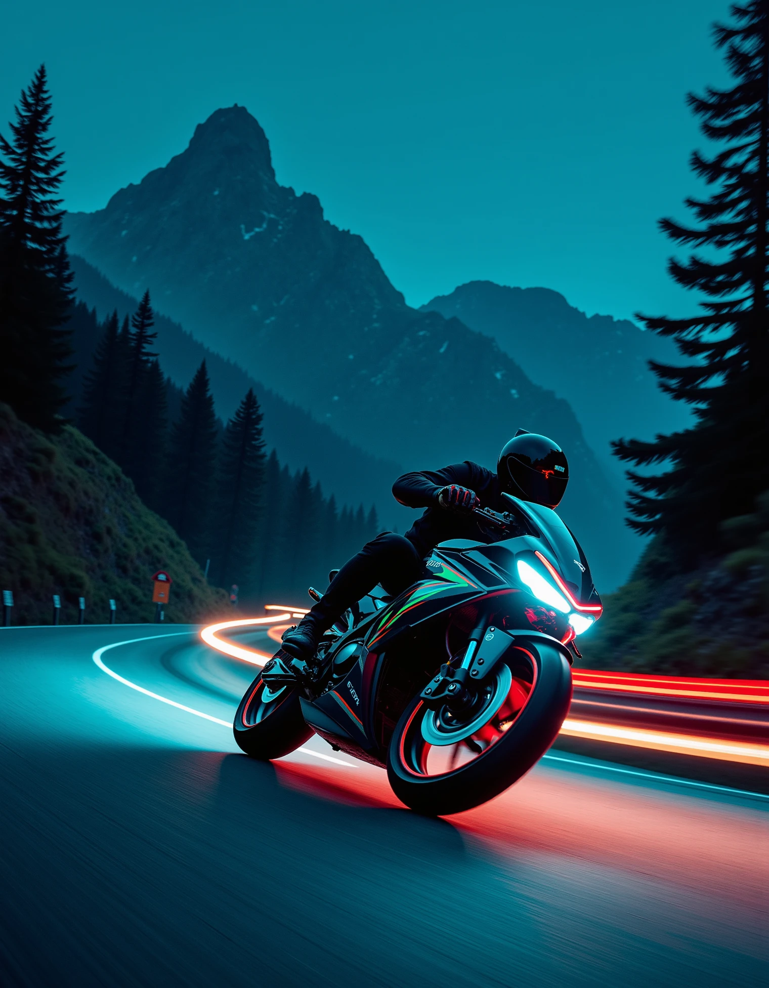 zavy-lghttrl, A dynamic, close-up shot of a Tron motorcycle leaning into a sharp turn on a winding mountain road at night. The camera is placed low to the ground, capturing the rider from the side, with light trails from the bike’s headlights sweeping through the curve. The surrounding pine trees and mountain peaks are softly lit by the headlights of the Tron motorcycle, adding a sense of motion and intensity