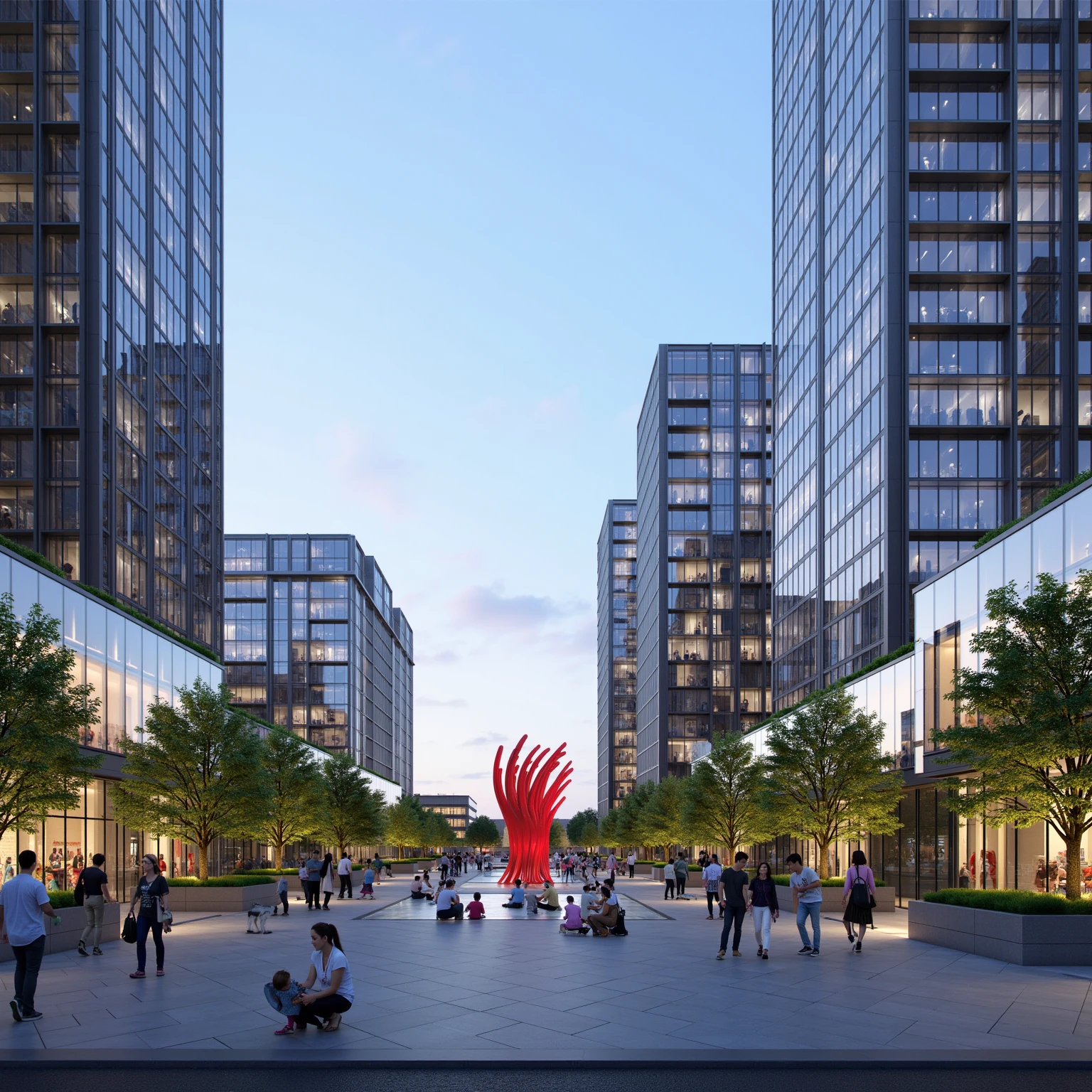 The image showcases a modern urban landscape during the evening. It features tall glass buildings, some with balconies adorned with green plants. There's a spacious plaza in the foreground where people are walking, sitting, and interacting. A distinctive red sculpture stands in the center of the plaza. The ambiance is serene, with the buildings' lights illuminating the area and the sky transitioning from day to night.