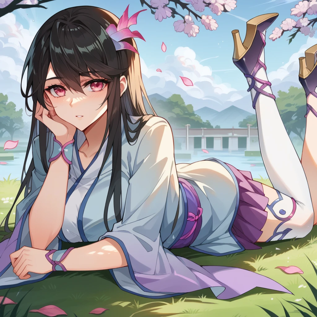 score_9_up, score_8_up, score_7_up, source_anime, masterpiece, best quality, 1girl, solo, YaoYao, Chinese garden, pink tree, petals, sky, pond, lying on stomach on grass, looking at you, face focus, hands on cheeks, seductive, parted lips, feet up, purple footwear, high heels, black hair, hair ornament, necklace, hair flower, pink eyes, chinese clothes, white dress, light blue dress, white kimono, purple sash, single thighhigh, white thighhighs, purple skirt, pleated skirt, long sleeves, wide sleeves, bracelet, asymmetrical legwear, cleavage, mature body, dynamic cowboy shot, outdoors, sky clouds background