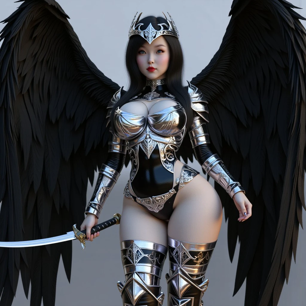 CyberGothGirl, Dark Angel, 1fullbodyimage of extremely cute Xena Warrior Princess, young woman with albino skin and flowing hair, wide hips, well rounded legs, in a black and silver miniskirt outfit with black wings wielding a katana, Beautiful round breasts, Glossy lips, Perfect abs, (Perspectiveal), Tight waist, Inner seam, hourglass body shape, navel, Blush, Voluptuous, huge breasts, tight top, beautiful dark angel girl, warrior angel, villainess has black angel wings, angel knight gothic girl, angel in glossy metallic black and silver armor, crown in armour, stuning fantasy 3 d render, angel knight girl, cinematic volumetric lighting, ultra realistic, shot with Sony Fx6, (Glossy albino skin: 0.8), (Masterpiece: 1.4), (Best quality: 1.4), Natural(Big:1.25), Glossy lips, Perfect abs, (Perspectiveal), Tight waist, Inner seam, hourglass body shape, navel, Blush, Voluptuous, huge breasts, tight top, cinematic volumetric lighting