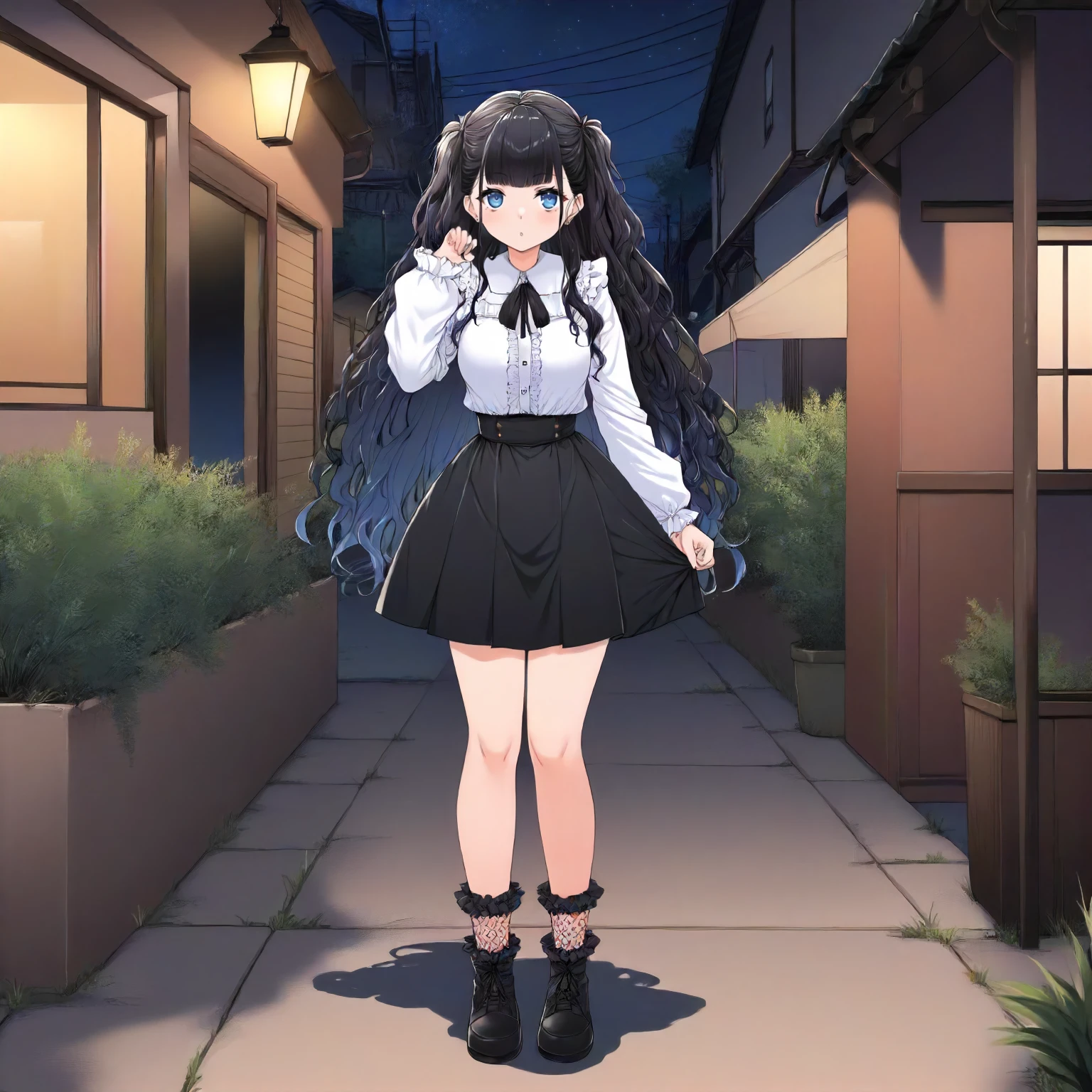 <lora:JJtYM_YusaXL006>,
outdoors,night,
solo,
Yusa,1girl,black hair,long hair,two -side up,blue eyes,
white shirt,frilled_shirt,
high west skirt,black skirt,
fish net socks,black shoes,
full body,standing,