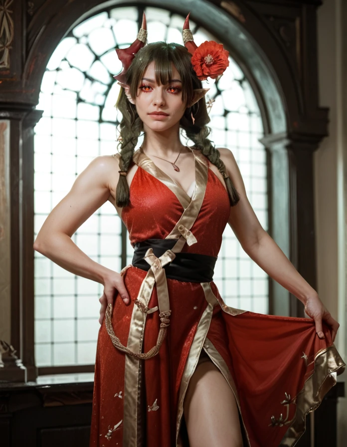 score_9, score_8_up, score_7_up,     detailed background, realistic lighting, 
1 girl, detailed eyes,slim and fit, dynamic pose, 
<lora:Lord_of_Heroes_Lairei_Yen:1>, LaireiYen, pointy ears, red eyes, horns, hair flower, red dress, twin braids, 
dance,