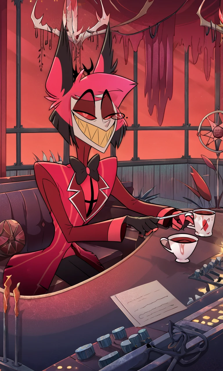 detailed man face, score_9, score_8_up, score_7_up, score_6_up, score_5_up, score_4_up, alastor_hh, alastor \(hazbin hotel\), cup, sharp teeth, smile, teeth, solo, sitting, chair, window, grin, red theme, holding, red eyes, red sky, bow, 1boy, looking at viewer, bowtie, jacket