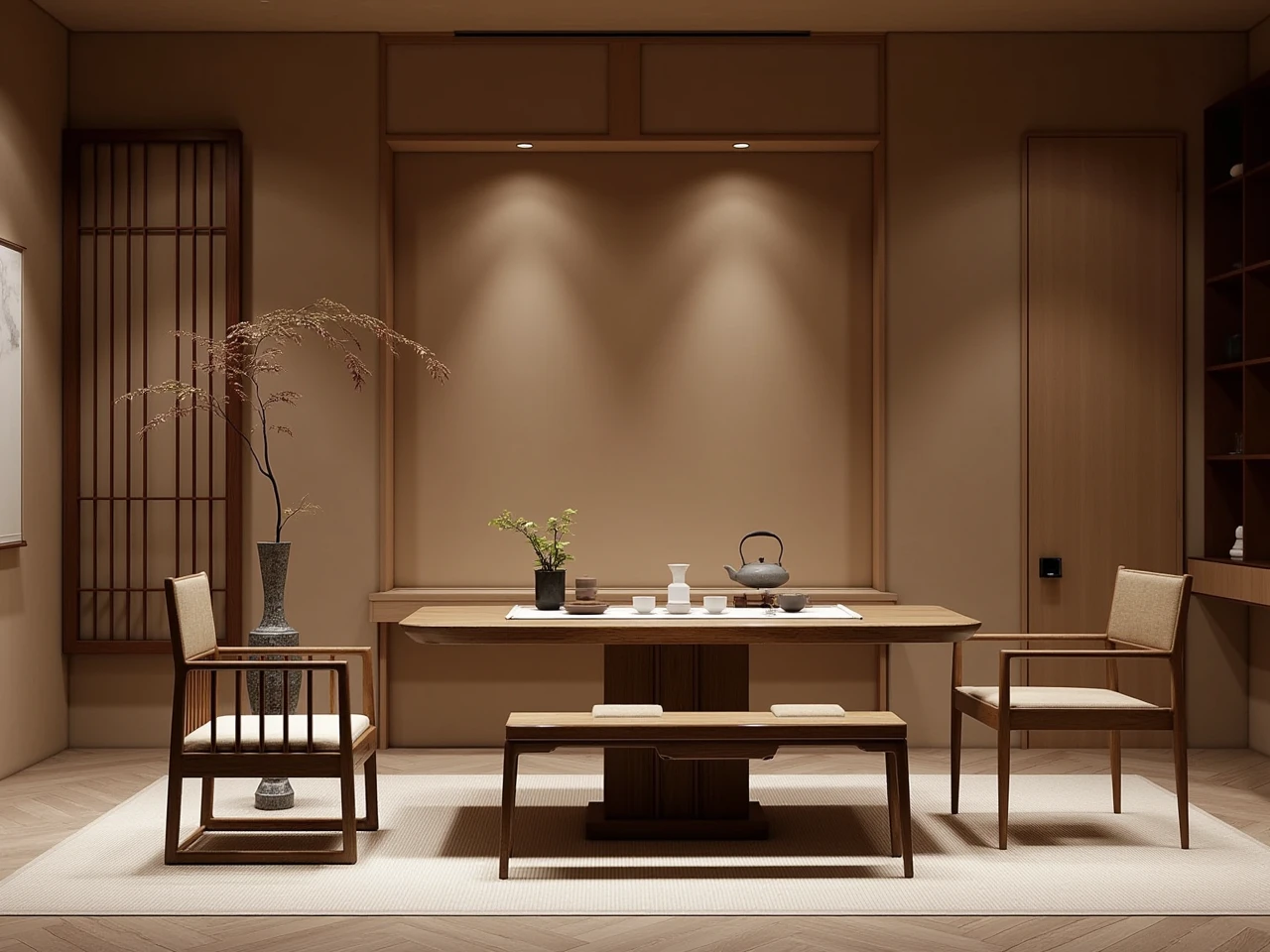 A tea room designed with Song Dynasty aesthetics,featuring exquisite furniture,an elegant layout,and a strong sense of symmetry,captured with superb photographic skill.,
1. **Furniture**: Minimalist and refined,the wooden tea table and chairs are symmetrically arranged,emphasizing balance and harmony.,
2. **Layout**: The space is designed with a deliberate and graceful arrangement,creating a serene and inviting atmosphere.,
3. **Symmetry**: The room's elements are carefully placed to reflect the era's love for symmetrical beauty,enhancing the overall aesthetic.,
4. **Photography**: The photographer's keen eye for detail and lighting captures the essence of the tea room,highlighting its tranquility and elegance.,
This tea room is a harmonious blend of ancient aesthetics and modern design,offering a peaceful retreat for tea enthusiasts.,