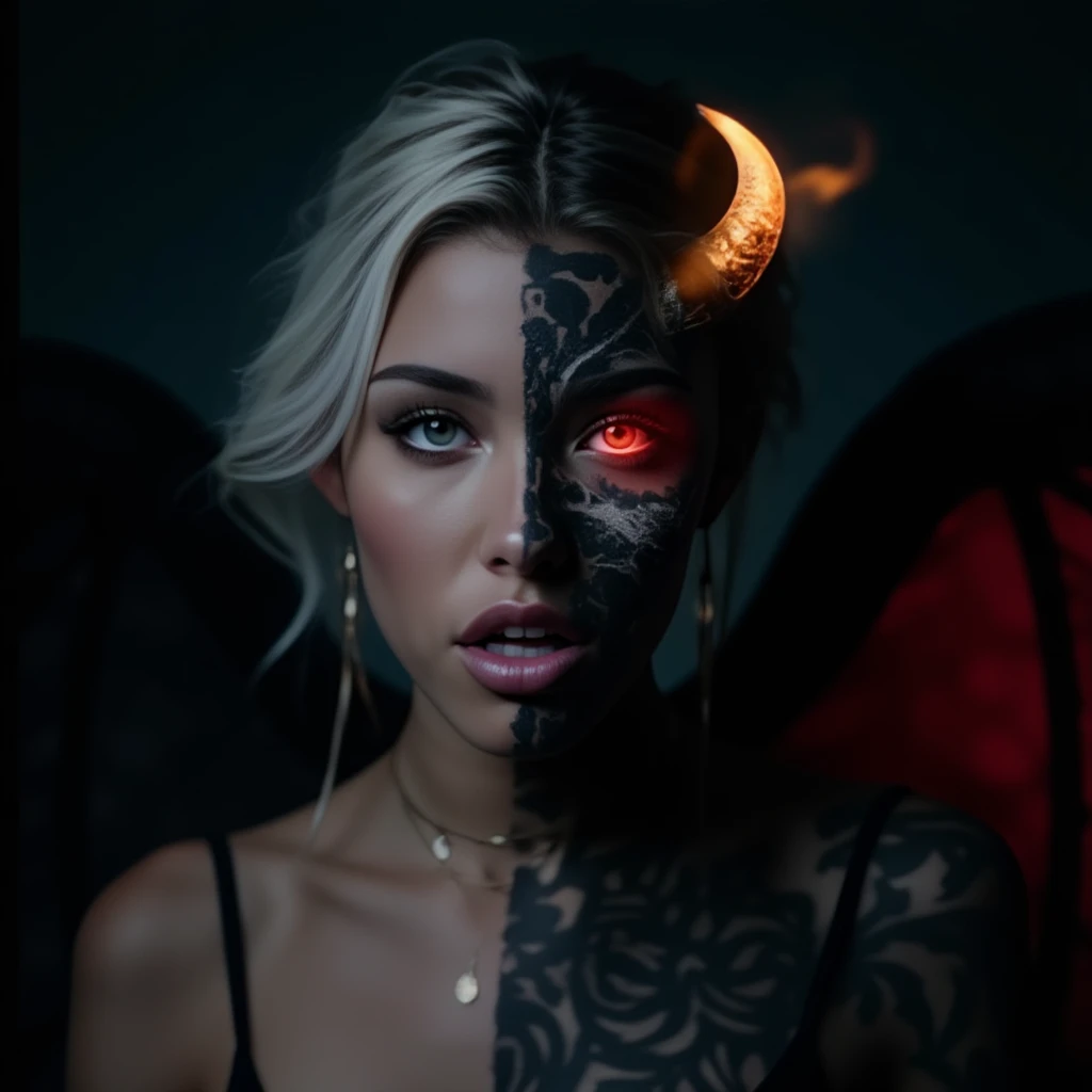 photo of a woman, light makeup, female entity one half of her body and face is beautiful angelic appearance blue eyes white hair the other half of her body and face is demonic coal-black skin red eye and hair are burning with fire demonic horn on her back are wings corresponding to each part of the body. Dark atmosphere cinematic masterpiece clear focus