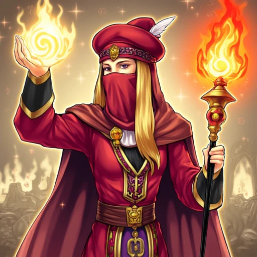 This is a digital illustration in a vibrant, fantasy style. The central figure is a mage-like character with long, flowing blonde hair and a confident, dynamic pose. They are dressed in a deep purple, ornate robe with gold trim and intricate patterns, reminiscent of a wizard's attire. The character's left hand is raised with a glowing, swirling orb of energy, while their right hand holds a staff adorned with a golden orb. The staff is tipped with a glowing, fiery red orb, which adds a sense of power and intensity to the scene. The image is a digital illustration featuring a mystical, Middle Eastern-style figure. The character is a woman dressed in a vibrant, flowing outfit. She wears a red turban adorned with a gold band and a small, white feather. Her face is covered by a matching red veil, leaving only her eyes visible. The veil is secured with a gold chain around her neck. She has fair skin and wears a red and gold outfit that includes a long, flowing tunic with a blue cape draped over her shoulders. The tunic is tied at the waist with a blue sash. Her arms are adorned with golden bracelets and rings, and she wears a gold belt with a large, round pendant.