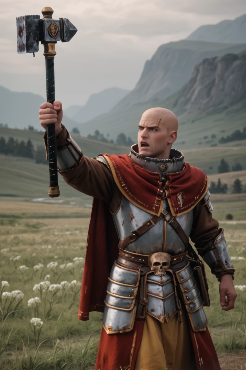 source_realistic, photorealistic snow field, serious expression <lora:Warrior_Priest_of_Sigmar_Mark_of_Chaos-000008:0.8> upper body, w4rr1orpr1st, bald male, standing, shouting, (swinging weapon, attacking:1.2), armor, yellow and white robes, capelet, gold trim, greaves, metal collar, war hammer, magical glow, glowing hammer, book at waist, skull symbol, facial scars, PonyXL_Scores, PonyXL_HQ, <lora:StS_detail_slider_v1:1>