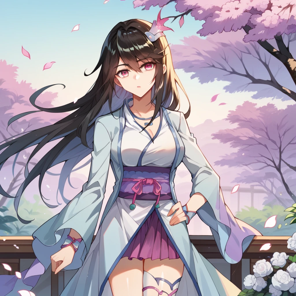 score_9_up, score_8_up, score_7_up, source_anime, masterpiece, best quality, 1girl, solo, YaoYao, Chinese garden, pink tree, petals, sky, standing, hand on hip, confused, half-opened mouth, head tilt, looking at you, black hair, hair ornament, necklace, hair flower, pink eyes, chinese clothes, white dress, light blue dress, white kimono, purple sash, single thighhigh, white thighhighs, purple skirt, pleated skirt, long sleeves, wide sleeves, bracelet, asymmetrical legwear, cleavage, mature body, dynamic cowboy shot, outdoors, sky clouds background