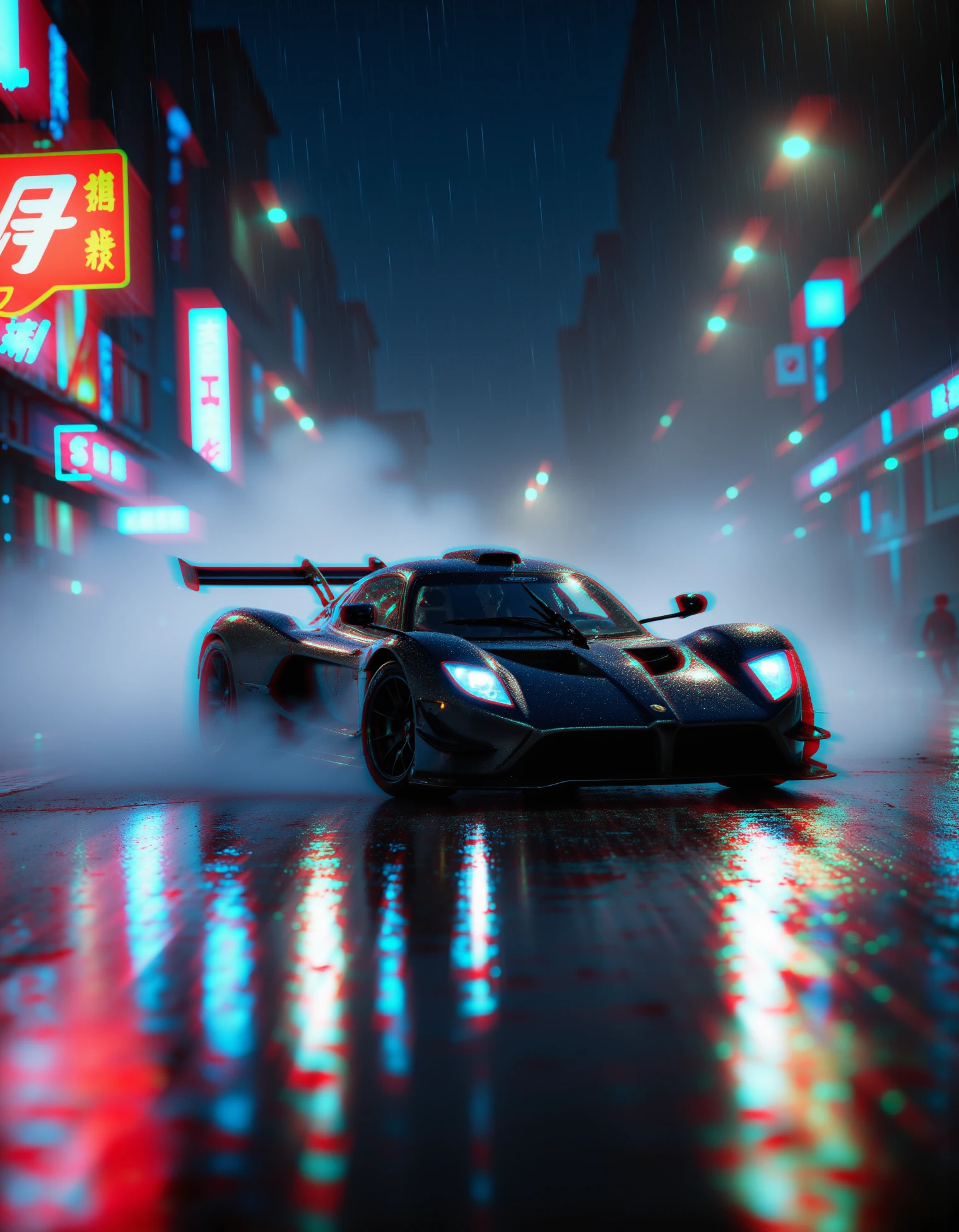 zavy-chrmtcblr, A sleek sports car drifting around a sharp corner on a rainy city street at night, captured from a low angle just in front of the car. The headlights cut through the rain, and the reflections of neon signs on the wet pavement add intensity to the action