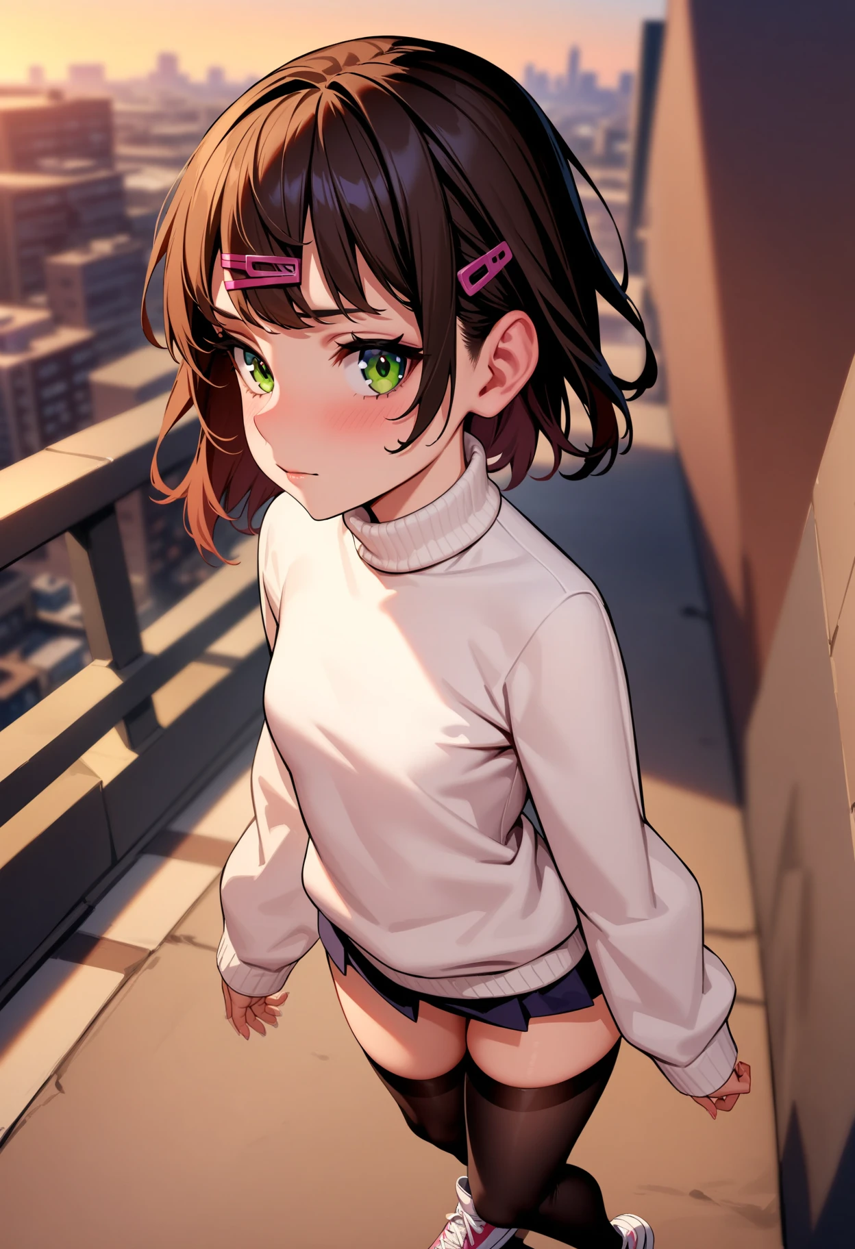 masterpiece,best quality,very aesthetic,absurdres,
1girl,
<lora:Shoujo_v1+2:1>,shoujo02,hairclip,white sweater,white turtleneck sweater,pleated_skirt,zettai ryouiki,black_thighhighs,sneakers,<lora:Fixhands_anime_bdsqlsz_V1:1>,city,dusk,light_blush,walking,cowboy_shot,from_above,from_side,looking_at_viewer,profile,, masterpiece,best quality, very aesthetic, absurdres, ultra detailed, high resolution, 4k, extremely detailed CG,