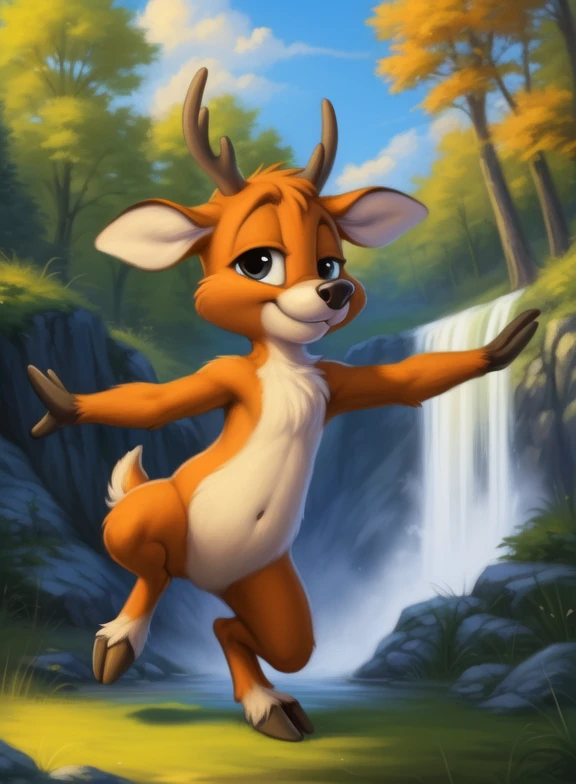 <lora:VinnieDeerLonTooAdvYif:1>  VinnieDeerLonTooAdv, Deer, chibi, brown fur, small horns, brown hooves, black nose,
Looks at the viewer, [  solo, (nature), forest, day, clouds, waterfall,  smile,]   ((outstretched arms))
(beautiful, aesthetic, perfect, delicate, intricate, saturated colors), masterpiece, digital drawing, best quality,
[by personalami], by smitty g, [[[by Foxovh]]], [[by Ross Tran]]