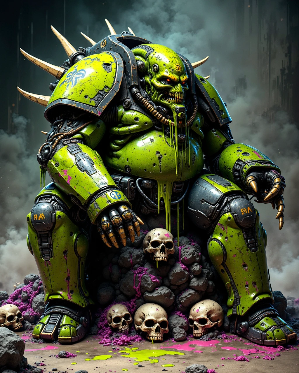 nurgle chaos-prince of decay sitting on a pile of acidic skulls, oozing and dripping with toxic sludge, wearing poison-powered exoskeleton and oozing of radioactive sludge, extremely obese, the atmosphere is ominous and toxic with fumes and toxic ooze on the ground. the style is inspired by warhammer 40k and brutalism.