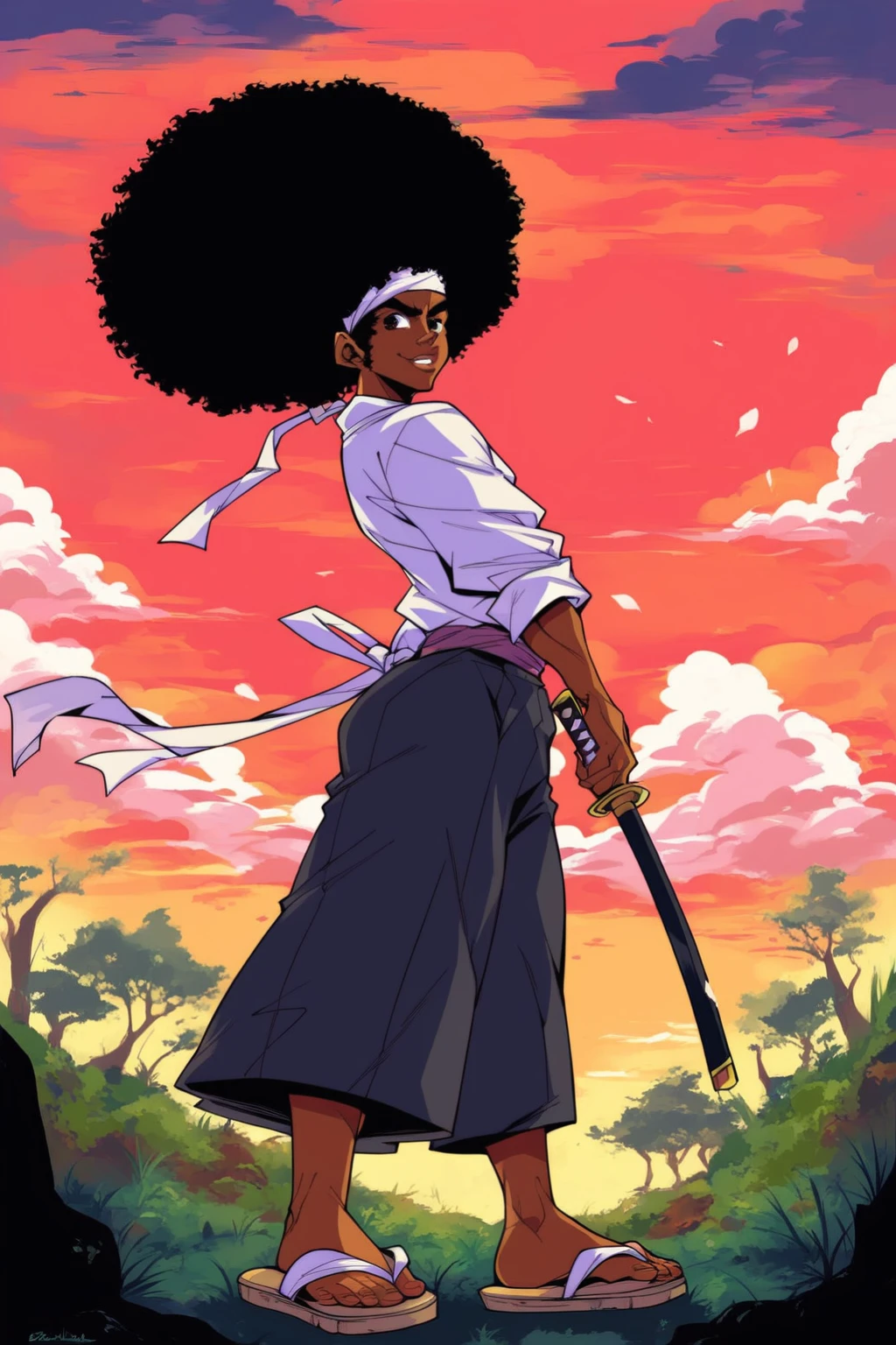 score_9, score_8_up, score_7_up, score_6_up, score_5_up, score_4_up, masterpiece, high quality, BREAK, full body, BREAK, 1boy, <lora:Afro_Samarai:0.9> AfroSamarai, black hair, afro, katana, tanned skin, wood sandals,