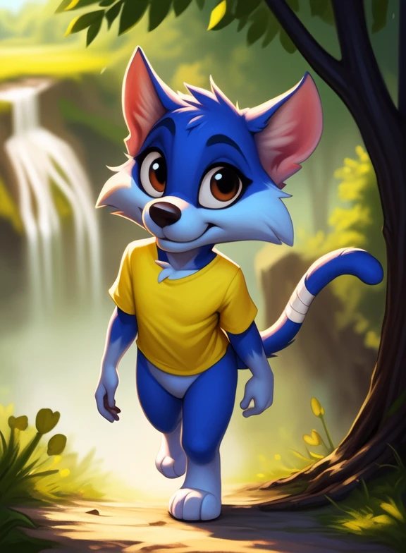 <lora:FurrballCatLonTunYif:1> FurrballCatLonTun, cat, black nose, white sclera, blue fur, light blue belly, (bandages on tail), yellow shirt, chibi, small body,
Looks at the viewer, [  solo, (nature), forest, day, clouds, waterfall,  smile,](walking, view from above,)
(beautiful, aesthetic, perfect, delicate, intricate, saturated colors), masterpiece, digital drawing, best quality,
by ulitochka, by taran fiddler, by Silverfox5213, by personalami,