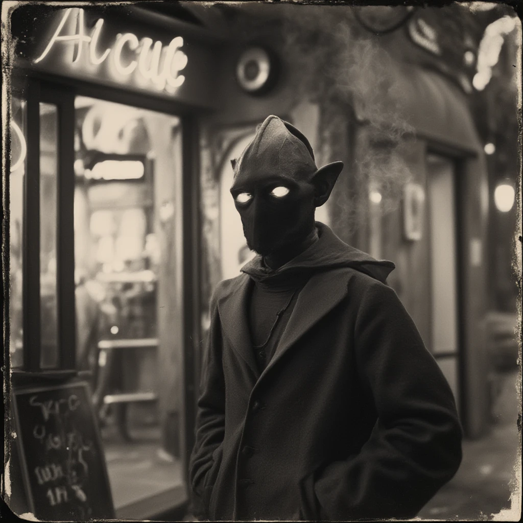 40s cabinet card photograph of protoss man in cotton jacket, CDV, borders, glowing eyes, no mouth, Retrofuturism style, film grain, black and white, noir, smoke, mask, in front of cafe with neon sign 'Aiur Cafe', low quality, blurry, elf ear