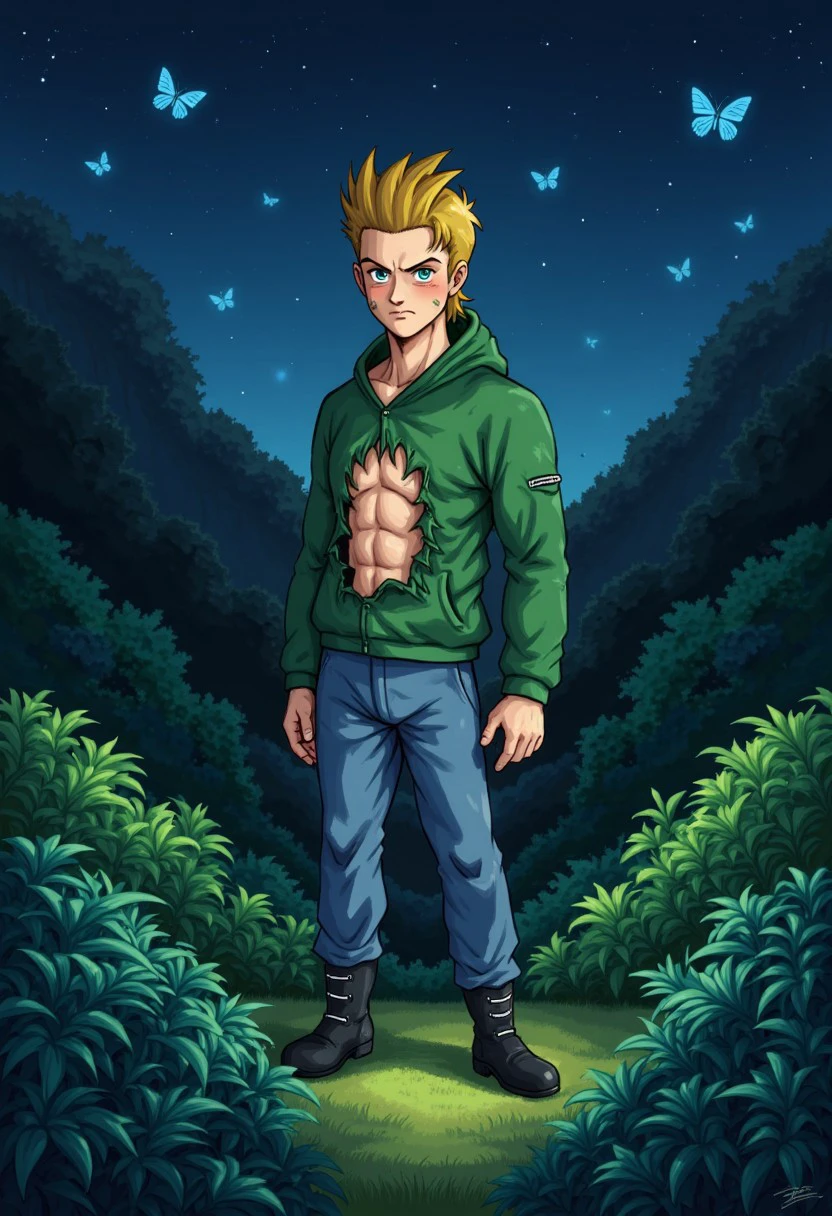 A Young man blonde hair green chaket whith hood and grey pants and black boots and green and blue eyes the chaket is broken and exposed the abs
BRAKE 
in alien forest, iluminated colors butterflys, night time, very stars in the sky