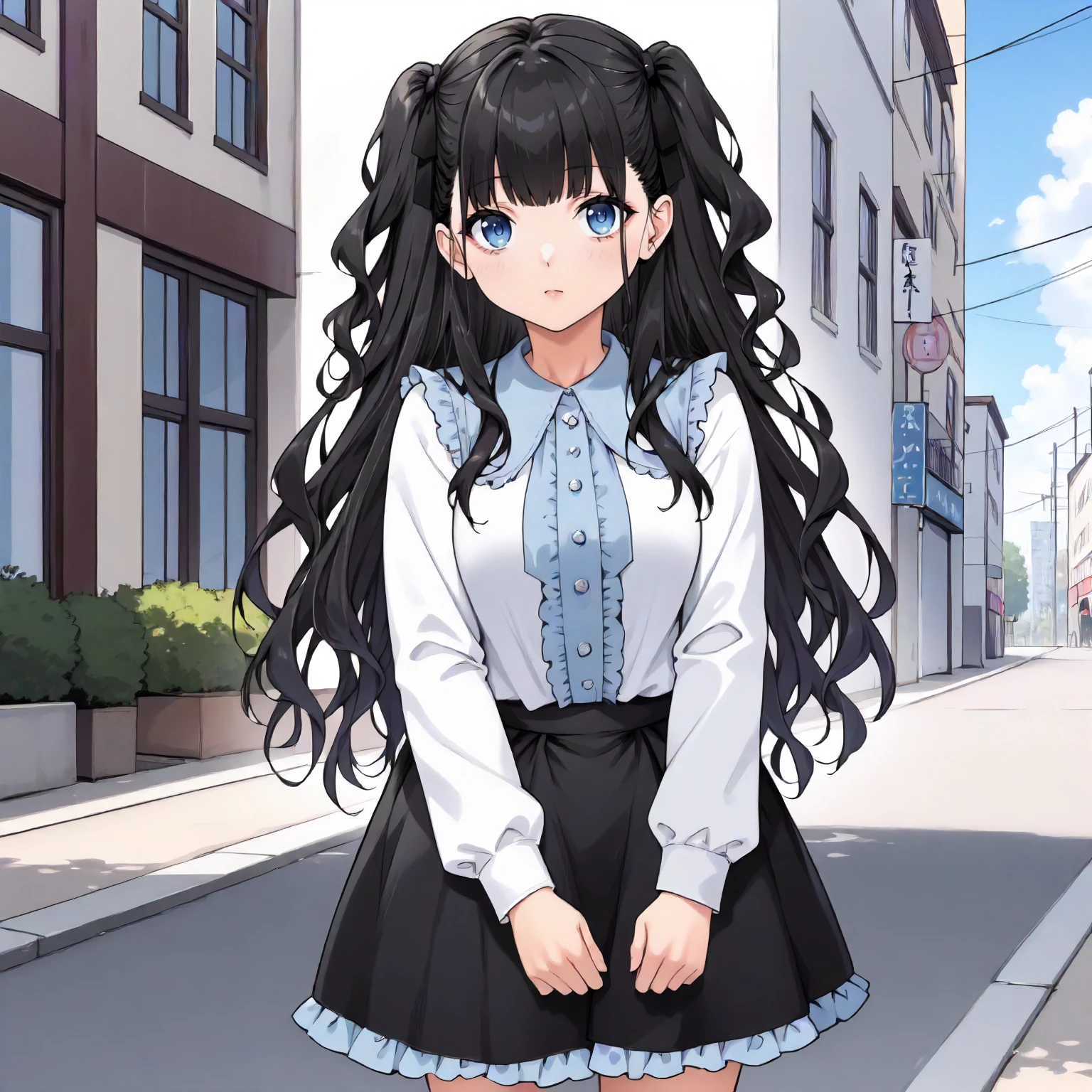 <lora:JJtYM_YusaXLpony002>,
outdoors,
solo,
Yusa,1girl,black hair,long hair,two -side up,blue eyes,
white shirt,frilled_shirt,long_sleeves,
high west skirt,black skirt,
standing,