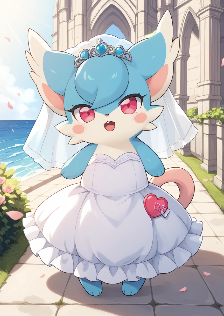 score_9, score_8_up, score_7_up, score_6_up, score_5_up, BREAK
Bibit, furry, furry female, solo, looking at viewer, open mouth, red eyes, full body, heart, church, wedding dress, wedding veil, pink eyes, no humans, ocean, blush stickers, blue fur, heart tail,