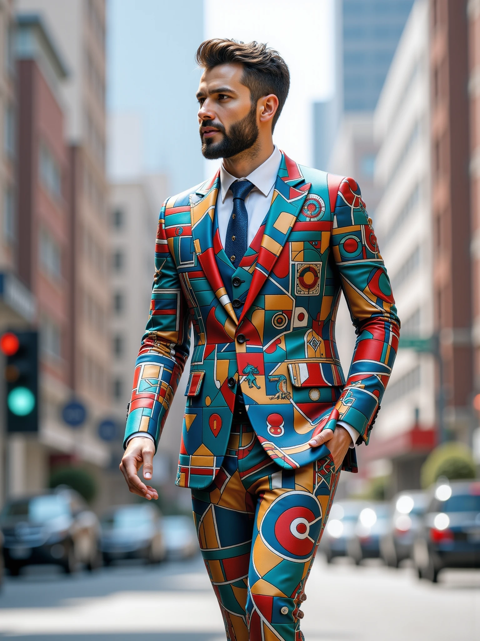 man wearing a mad-clrflmsc_flux suit walking through city, dynamic_pose, from side, light smile, cinematic shot <lora:colorful-mosaic-flux:1>