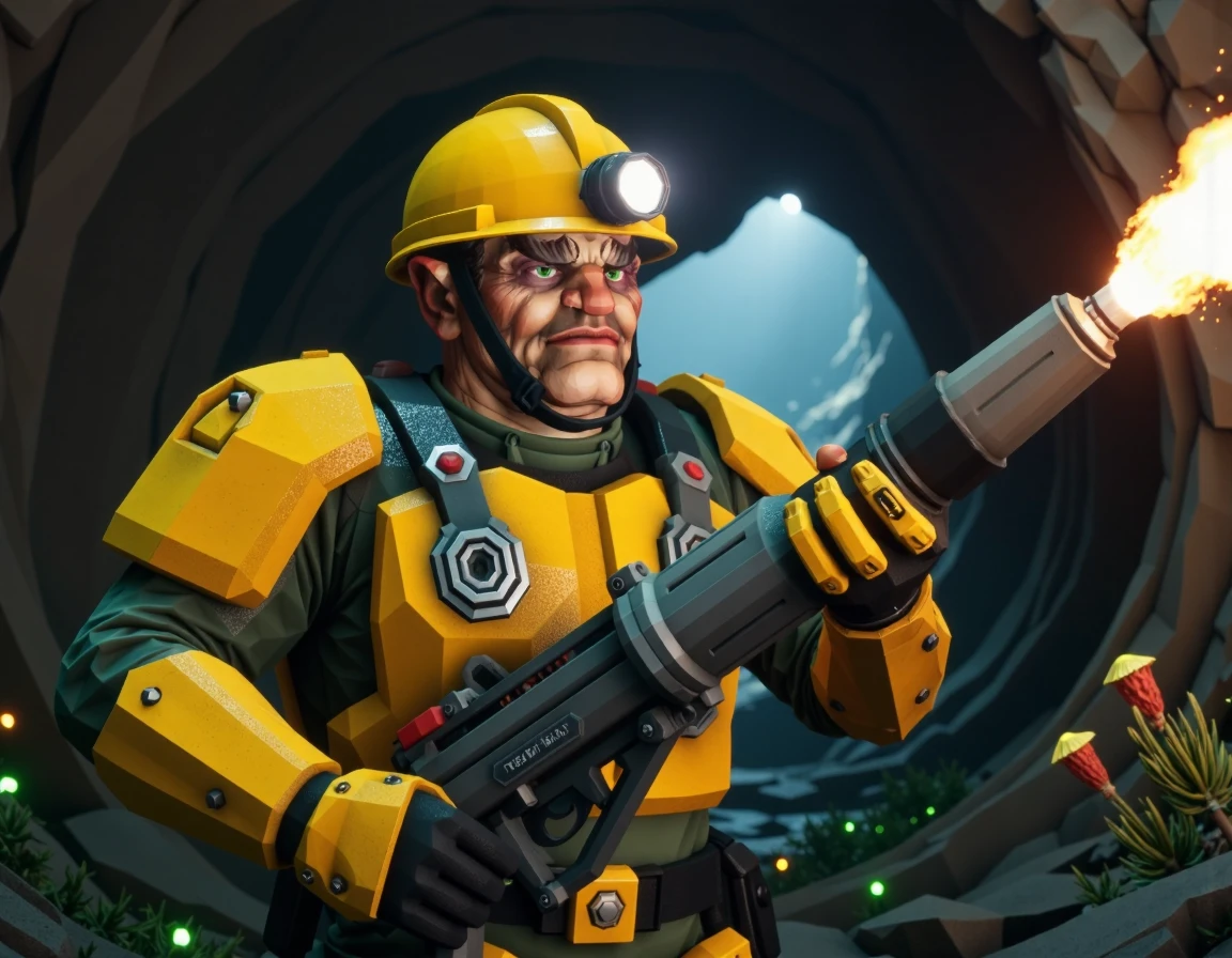 cinematic photo of driller, with clean shave, hairless chin,  wearing yellow helmet with goggles and headlamp, wearing yellow armor, holding a heavy flame thrower, in a dark cave with strange bio-luminescent plants 
 <lora:DeepRock-FLUX-V2-000006:0.9> deeprock