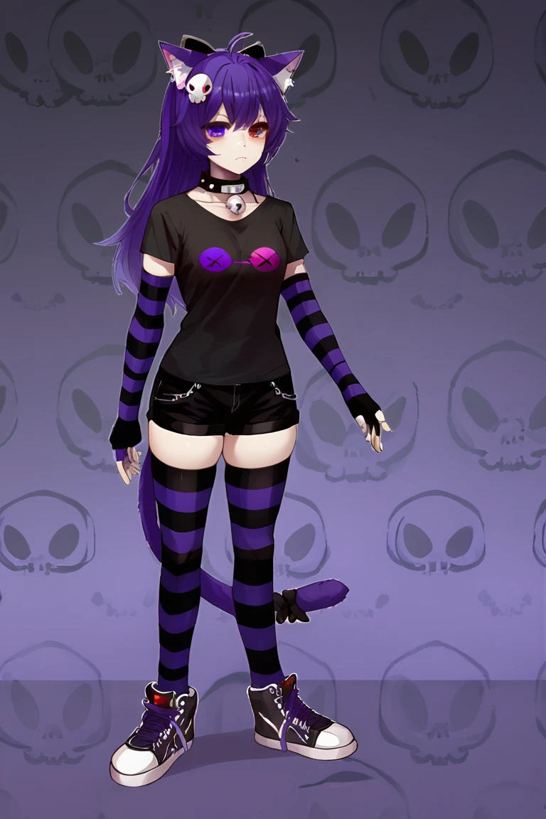 score_9, score_8_up, score_7_up, Totless, tail, black choker, animal ear fluff, hair ornament, feline, female, cat ears, 1girl, purple hair, heterochromia, purple eyes, red eyes, ahoge, out3, goth, t-shirt, hair bow, bone, short shorts,accessory, shorts,bottomwear, armwear, socks, black shorts, collarbone, black shirt, spikes,topwear, pattern clothing, hair accessory, striped clothing, ribbon, black bow, bell,sleeves past wrists, jingle bell, footwear, spiked collar, skull hair ornament, black footwear, stripes, sneakers, striped thighhighs, choker, skull, pattern legwear, thigh highs, elbow gloves, shirt, striped sleeves, striped clothes, hair ornament, tail ornament, shoes, gloves,short sleeves, neck bell, thighhighs, striped legwear, fingerless gloves, standing