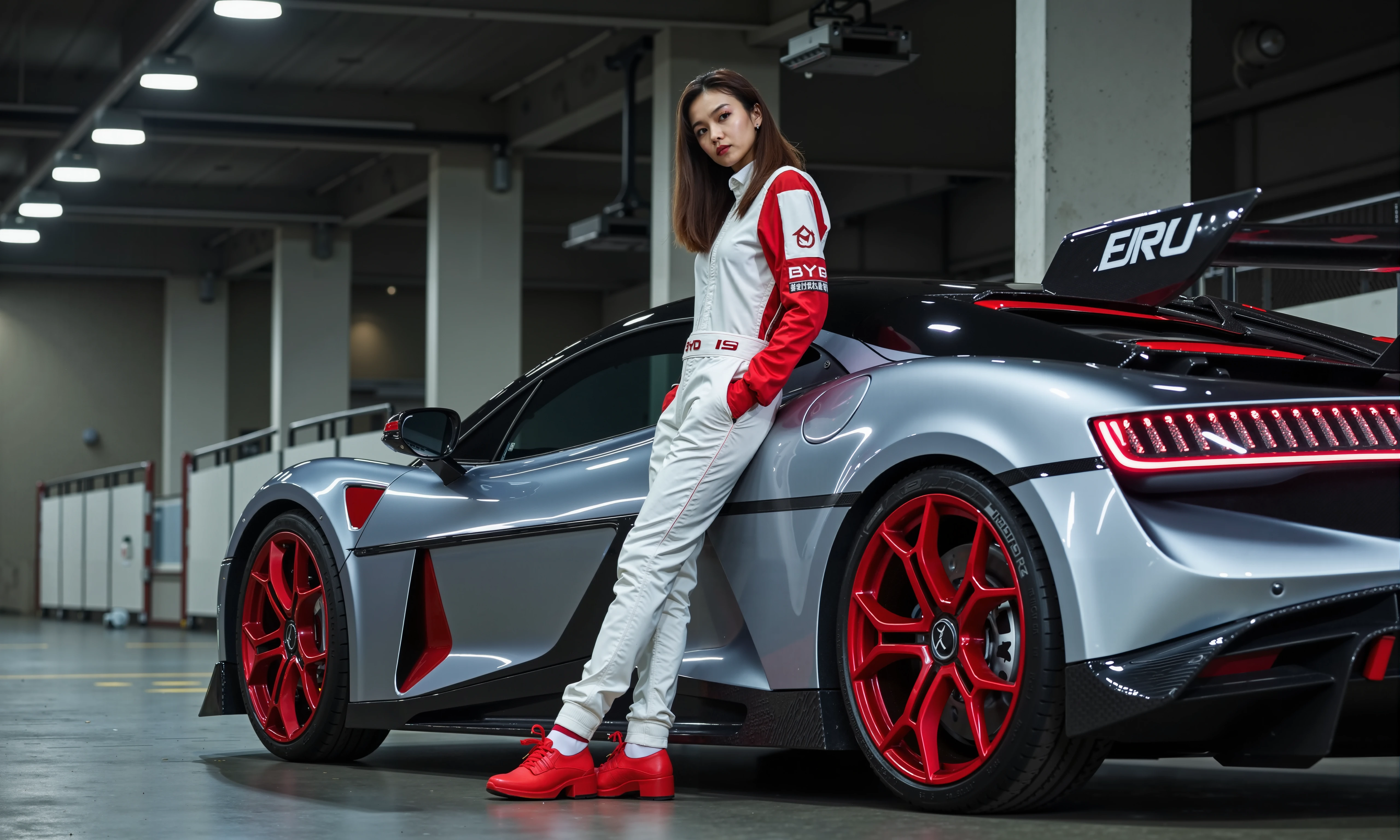 BYD,A female driver in a stylish white and red racing suit, leaning casually against a sleek BYD U9 hypercar in an indoor parking garage with dim, industrial lighting. The BYD U9 is wrapped in a custom racing livery with bold red, echoing the style of the BYD car. The woman exudes confidence and a cool, competitive demeanor, with her hands in her pockets and one foot resting on the ground. The environment around them reflects the vibe of a high-performance garage, with barriers and concrete pillars completing the scene