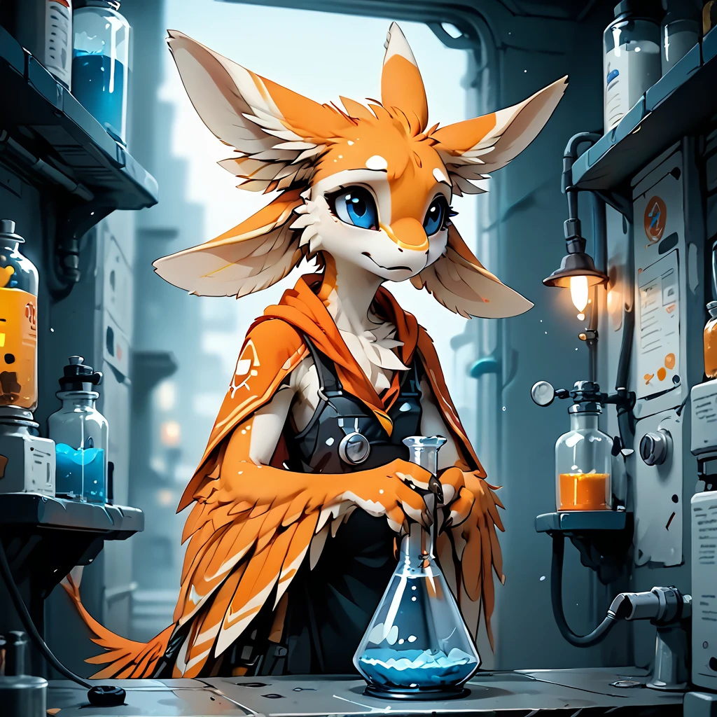 score_9, score_8_up, score_7_up, score_6_up, score_5_up, score_4_up, source_anime, <lora:Zavali_Pony_1:1> portrait of a female avali engineer in a white laboratory cloak and holding chemical flask, orange feathers with white countershading, orange fur, feathered arms, tail tuft, hands, claws, talons, three fingers on arms, flat chest. shallow depth of field, vignette, highly detailed, high budget Hollywood movie, bokeh, cinemascope, moody, epic, gorgeous, film grain, grainy