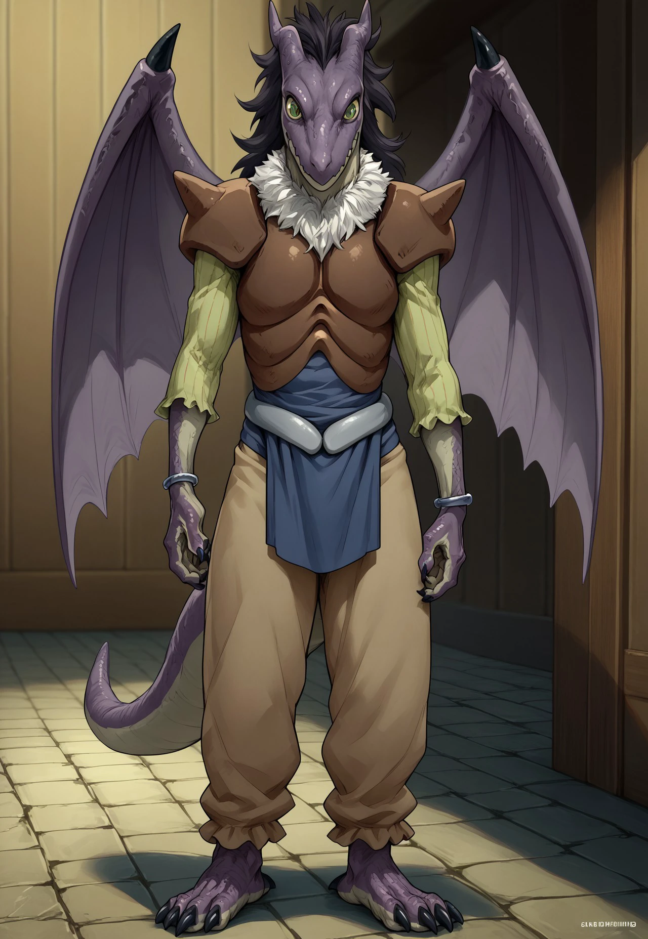 gabiru2, score_9, score_8_up, score_7_up, detailed, solo, full body, 1boy, colored skin, black hair, green eyes, horns, wavy mouth, armor, shirt, pants, tail, feet, claws, bracelet, wings