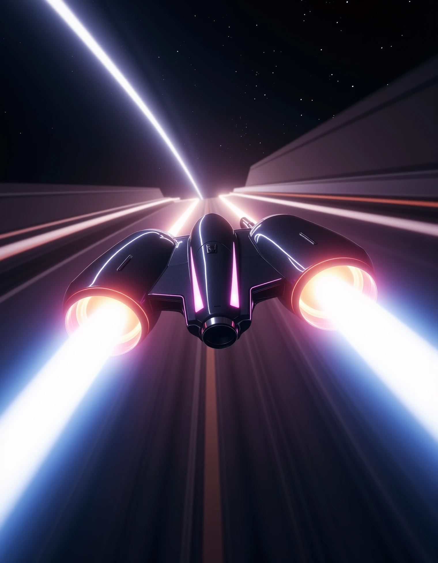 zavy-lghttrl, A dynamic shot from the rear of a sleek, futuristic spaceship as it enters warp speed. The camera is positioned slightly below, looking up towards the rear thrusters, which are glowing intensely. Long, bright light trails stretch out behind the ship, curving slightly as they fade into the starry background. The lighting is dramatic, with the ship's metallic surfaces reflecting the colors of the trails, and distant galaxies providing a faint, ethereal glow