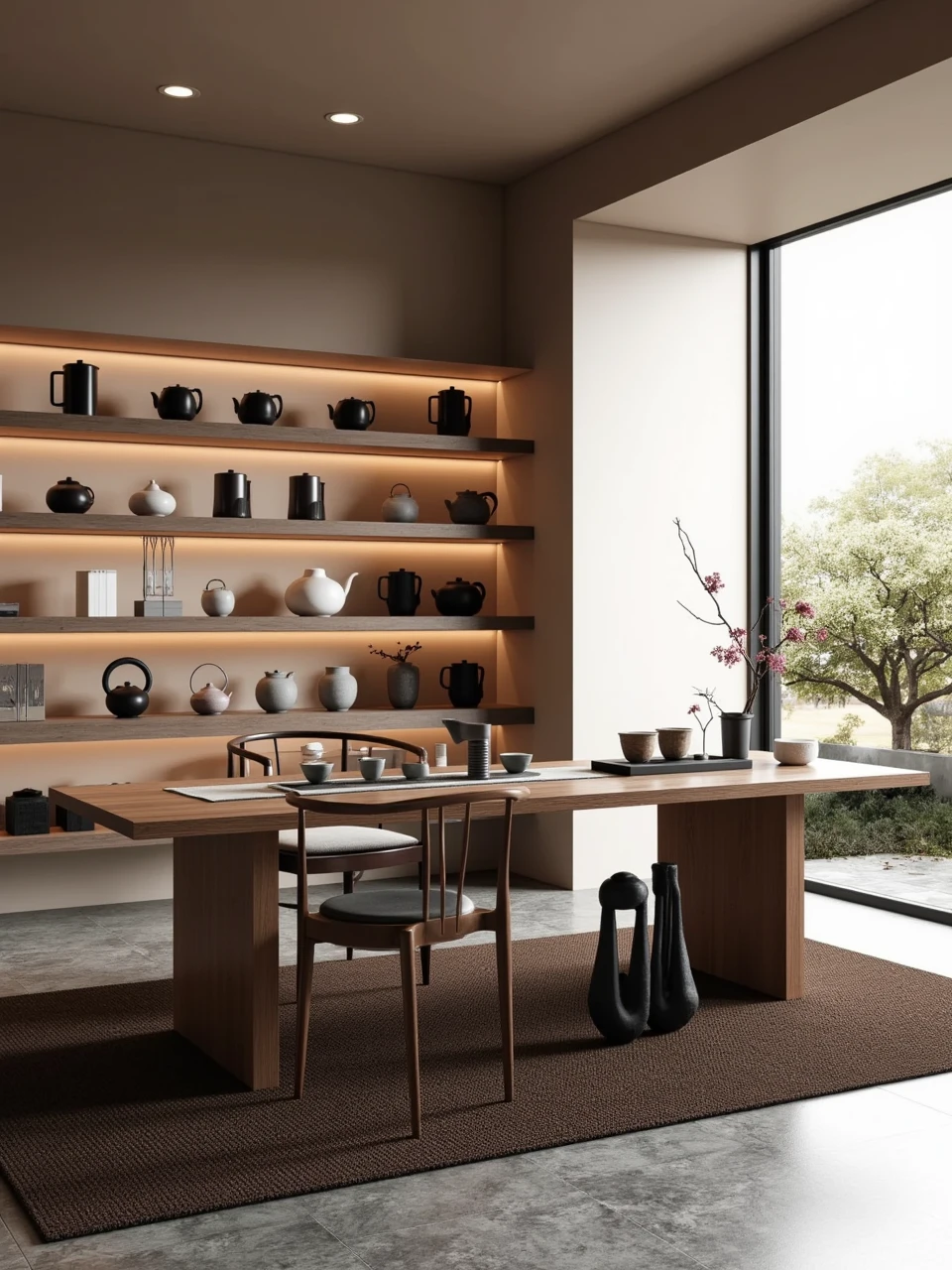 A cozy tea room with an oversized wooden desk, wall shelves filled with black and white ceramic pots, a large window on the right side of the picture showcasing the outdoor scenery, a modern minimalist design, high-end gray floor tiles, a dark brown carpet in front of the table, and light-colored walls behind it. The overall atmosphere is warm and comfortable. High-definition photography. Realistic rendering, interior scene, wide-angle lens, bright lighting, elegant furniture arrangement, and a harmonious color scheme.